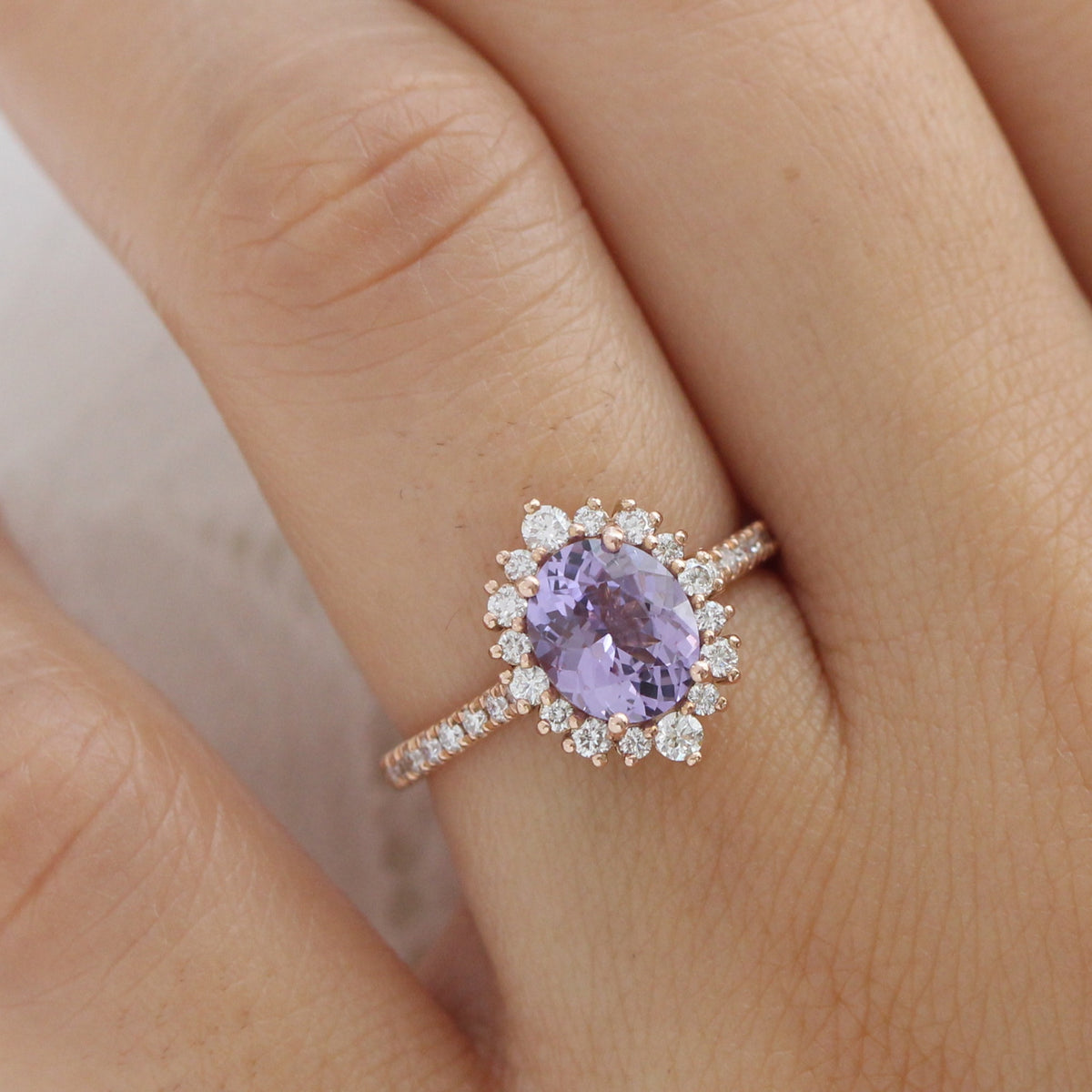 oval purple sapphire ring rose gold halo diamond ring pave diamond band la more design jewelry