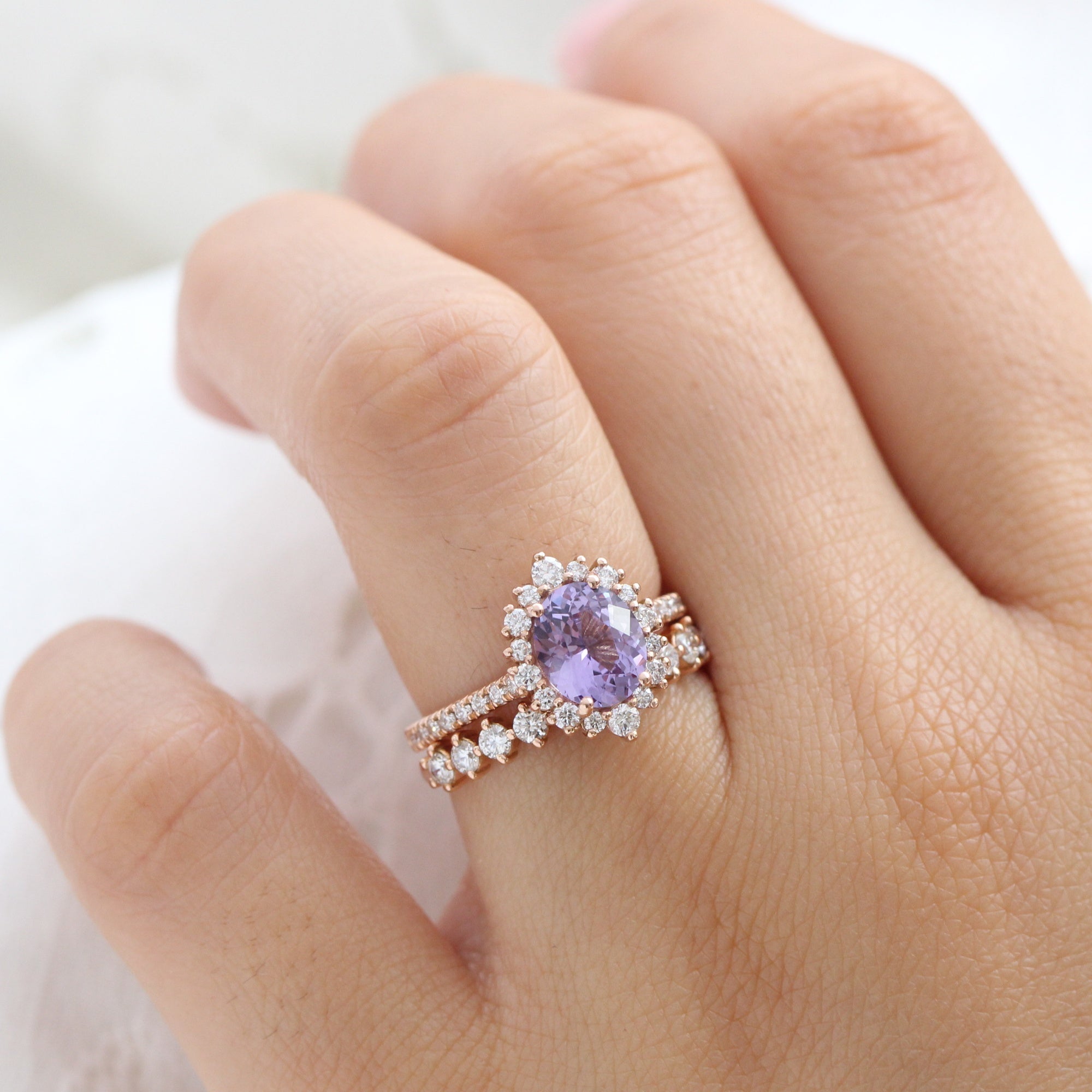 oval purple sapphire ring rose gold halo diamond ring pave diamond band la more design jewelry