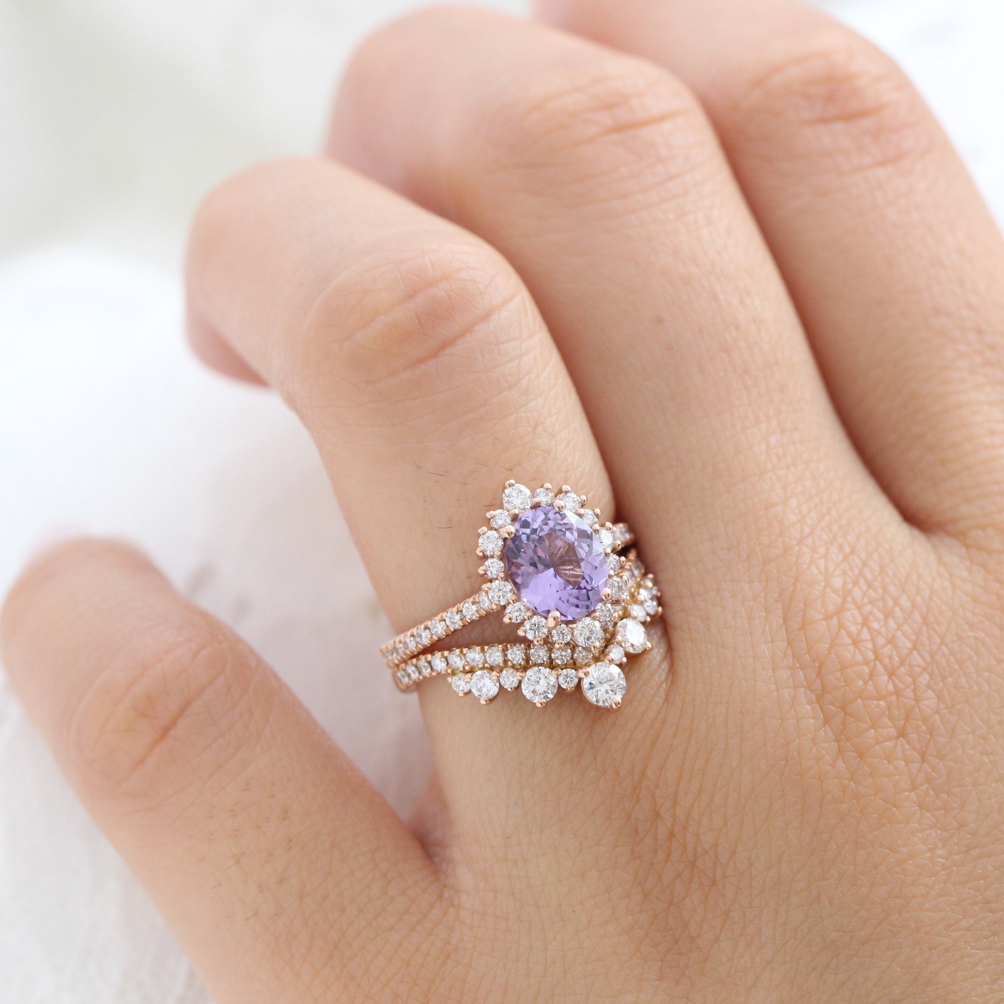oval purple sapphire ring rose gold halo diamond ring pave diamond band la more design jewelry