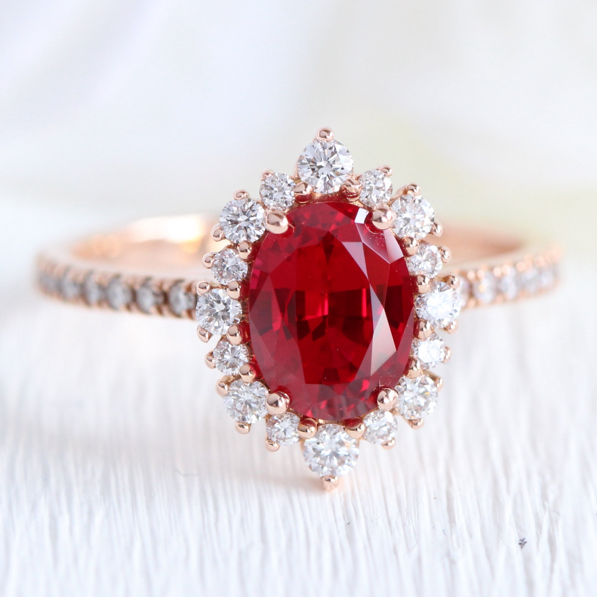 oval ruby engagement ring rose gold halo diamond ring low profile ring by la more design jewelry