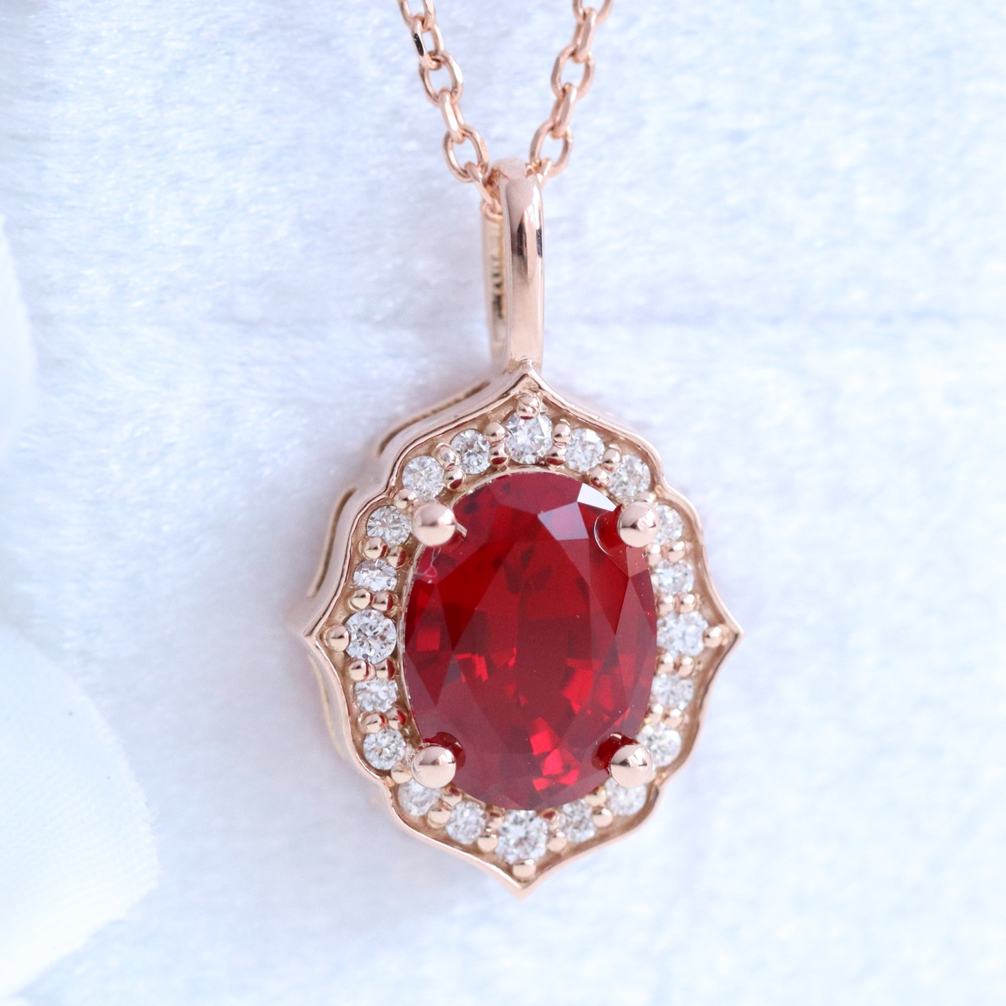 Vintage Style Oval Ruby Necklace Rose Gold Halo Diamond Pendant