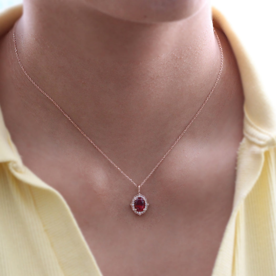 gorgeous ruby pendant. take your style up by adorning... Vintage Style Oval Ruby Necklace Rose Gold Halo Diamond Pendant Chain ...