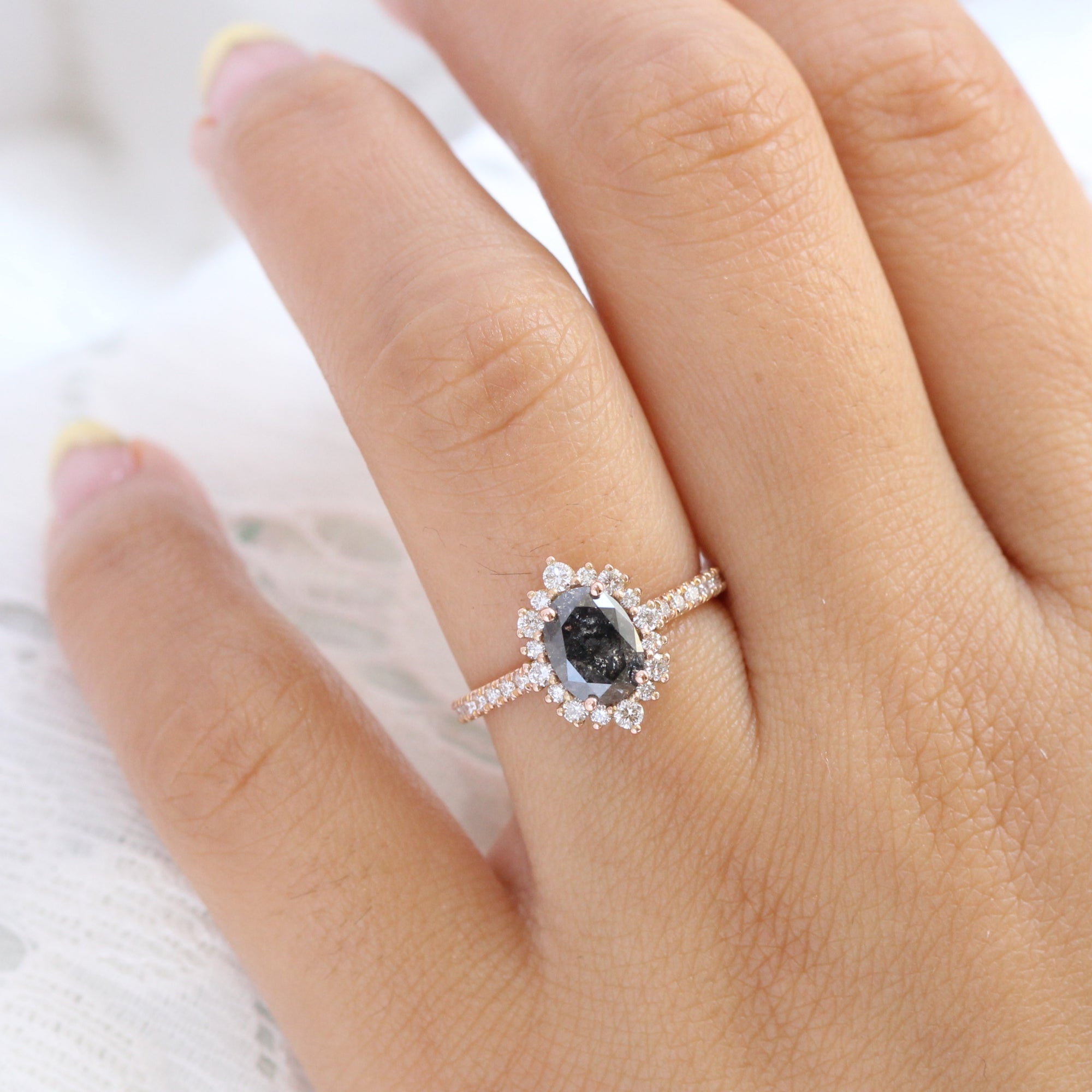 oval salt and pepper diamond ring rose gold grey diamond halo ring la more design jewelry