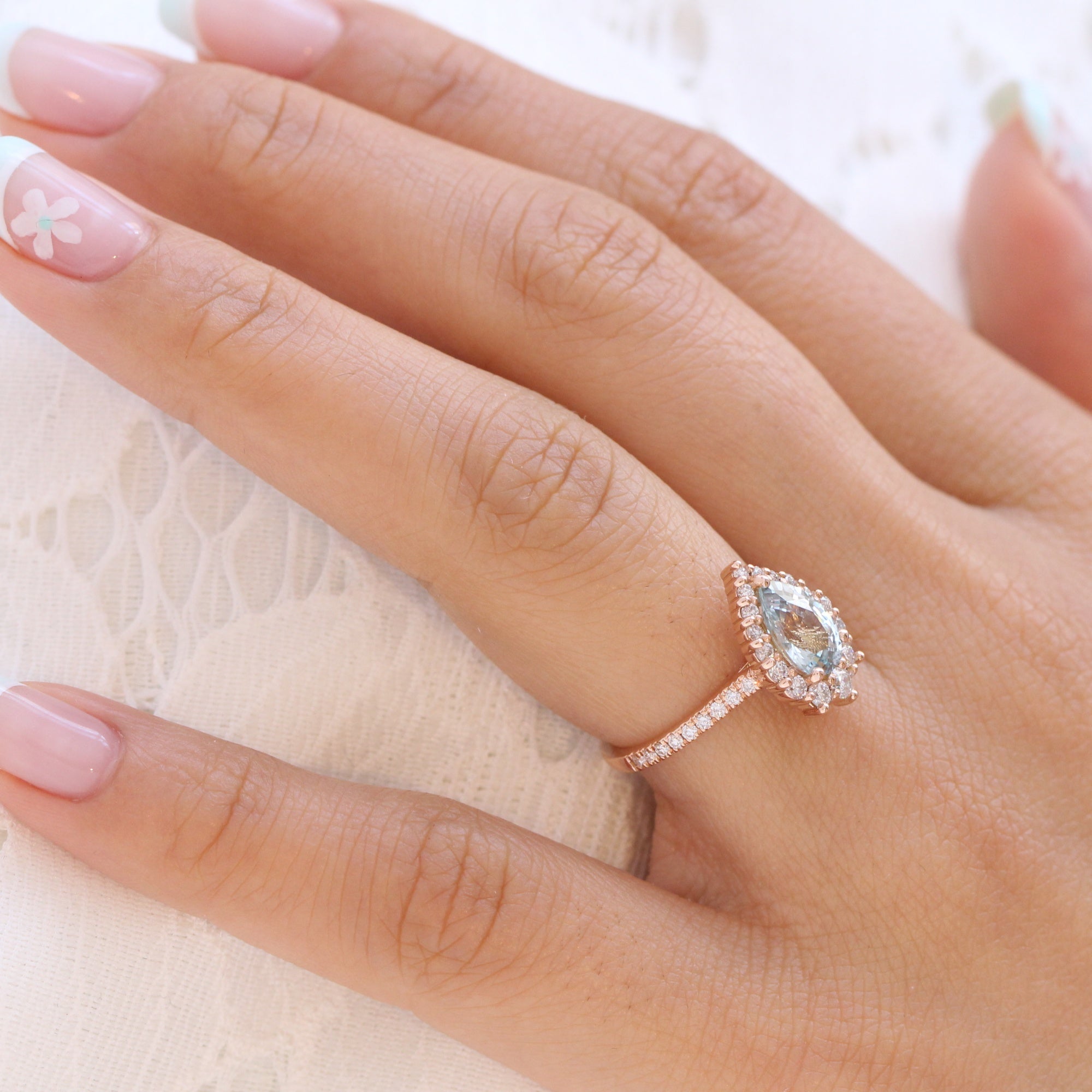 pastel blue sapphire ring rose gold halo diamond pear engagement ring la more design jewelry