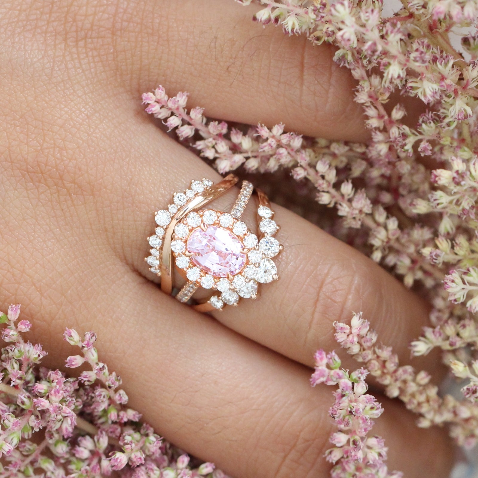 peach sapphire engagement ring diamond stacking ring set rose gold by la more design jewelry