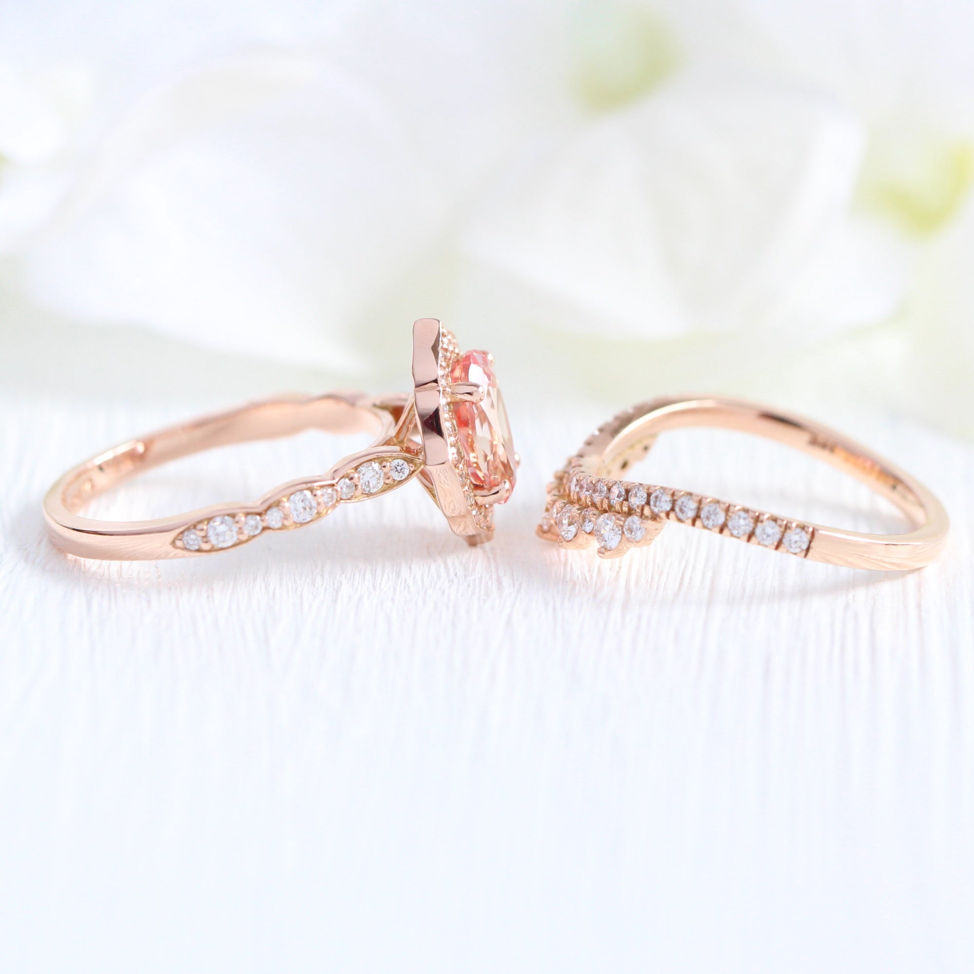 peach sapphire ring and curved crown diamond band in rose gold bridal set by la more design jewelry