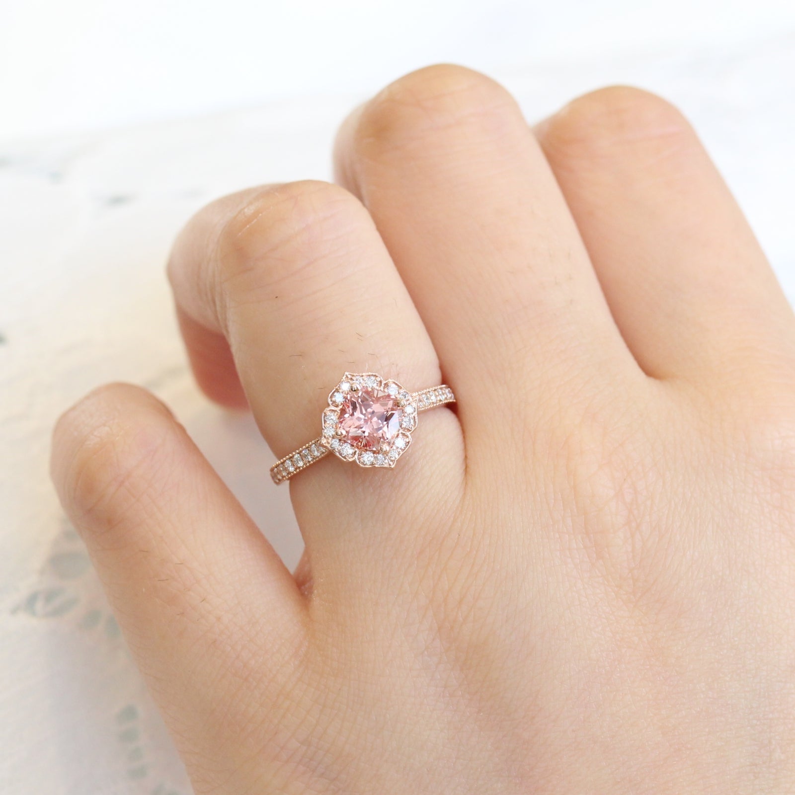 peach sapphire ring in rose gold vintage floral diamond band by la more design jewelry