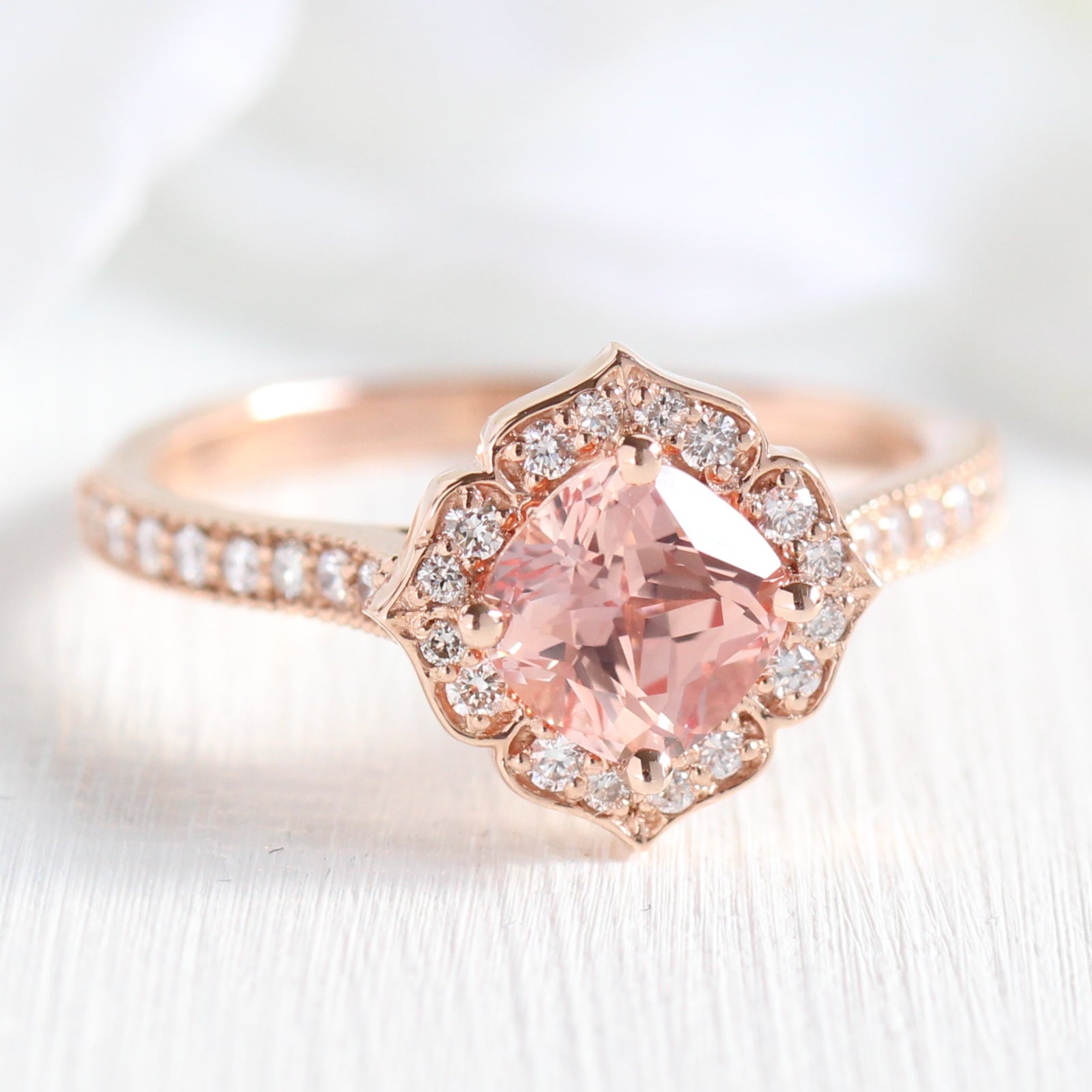 peach sapphire ring in rose gold vintage floral diamond band by la more design jewelry