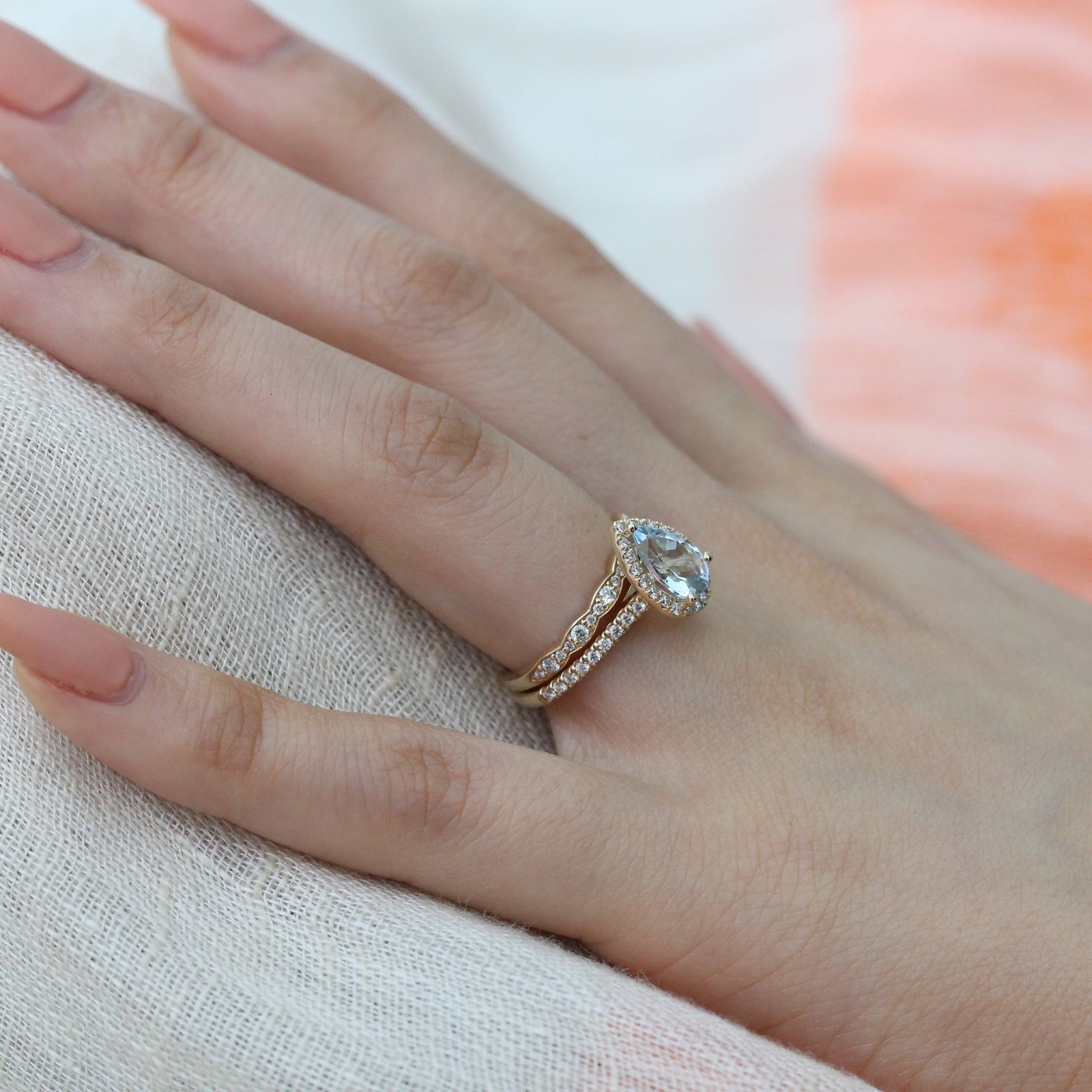 Pear aquamarine ring rose gold matching diamond wedding ring set la more design jewelry