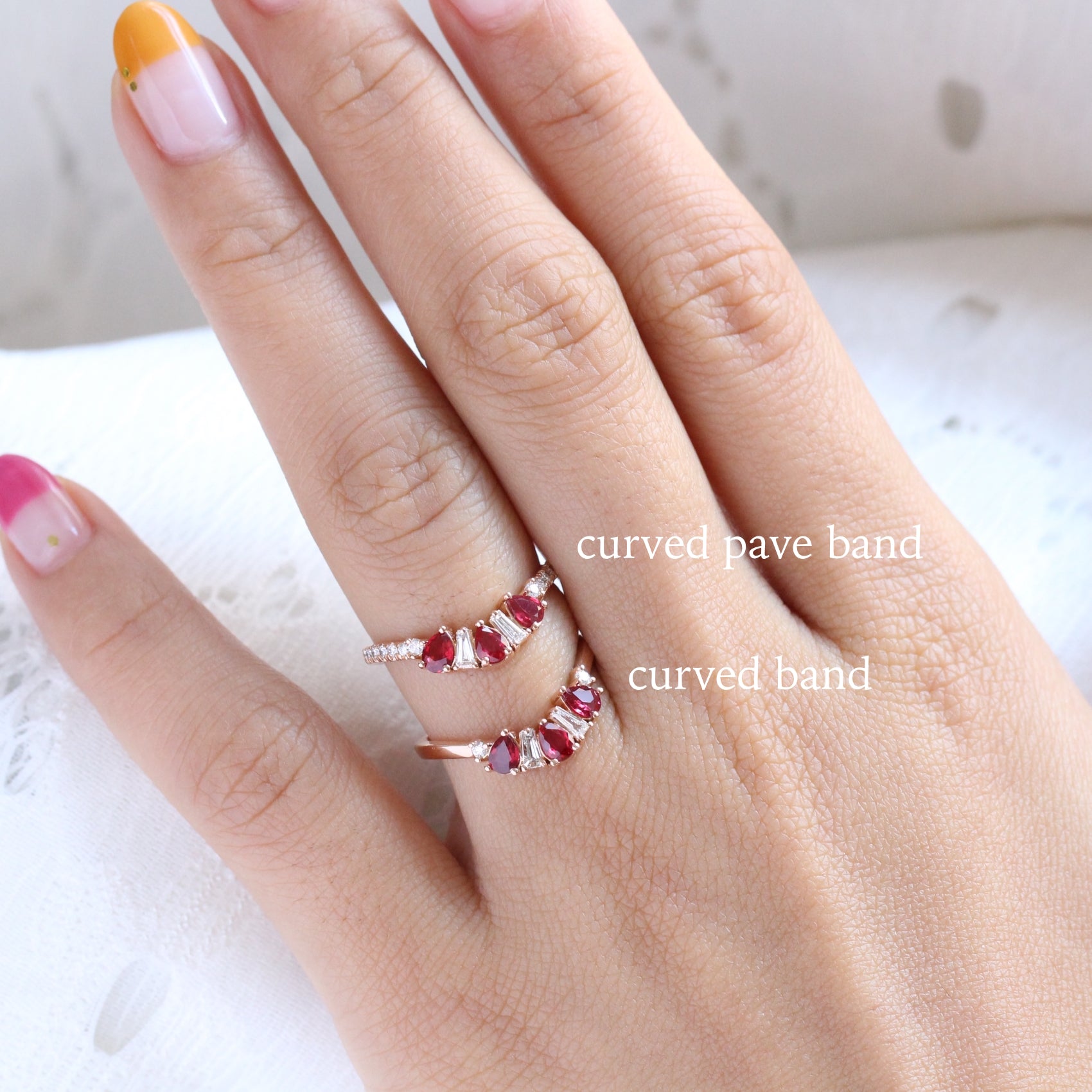 pear and baguette diamond and ruby ring rose gold curved wedding band by la more design jewelry