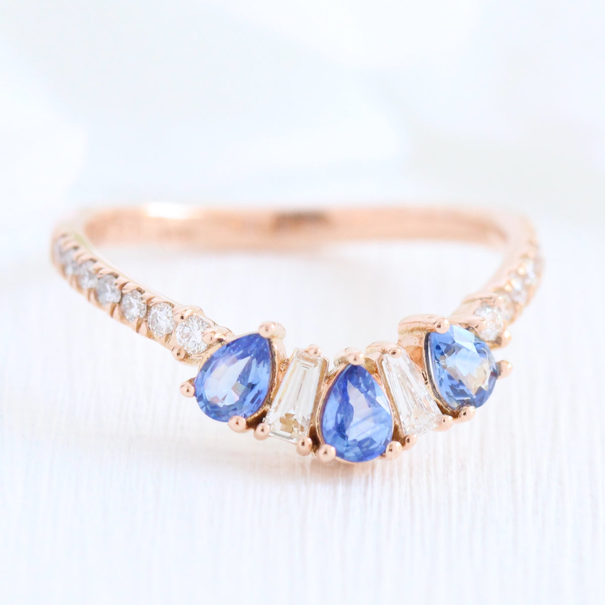pear and baguette diamond and sapphire ring rose gold stacking diamond wedding band by la more design jewelry