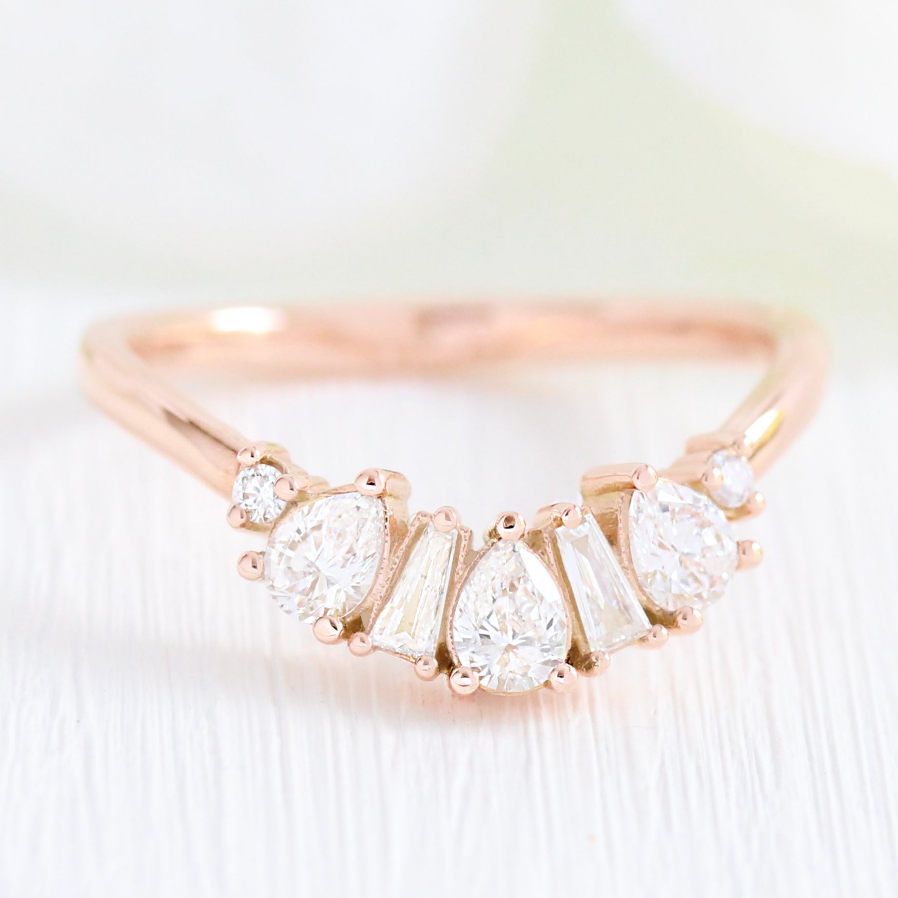 pear and baguette diamond ring rose gold curved wedding band by la more design jewelry