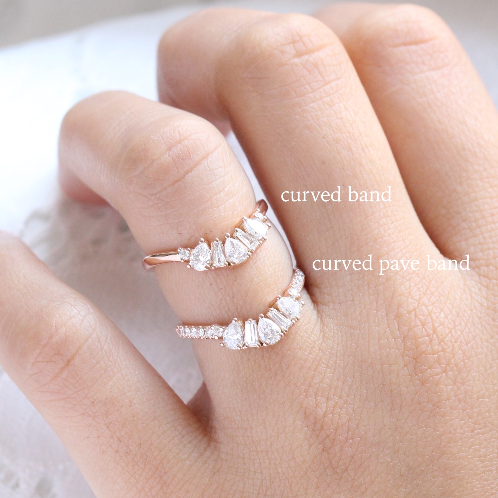 pear and baguette diamond ring rose gold curved wedding band by la more design jewelry