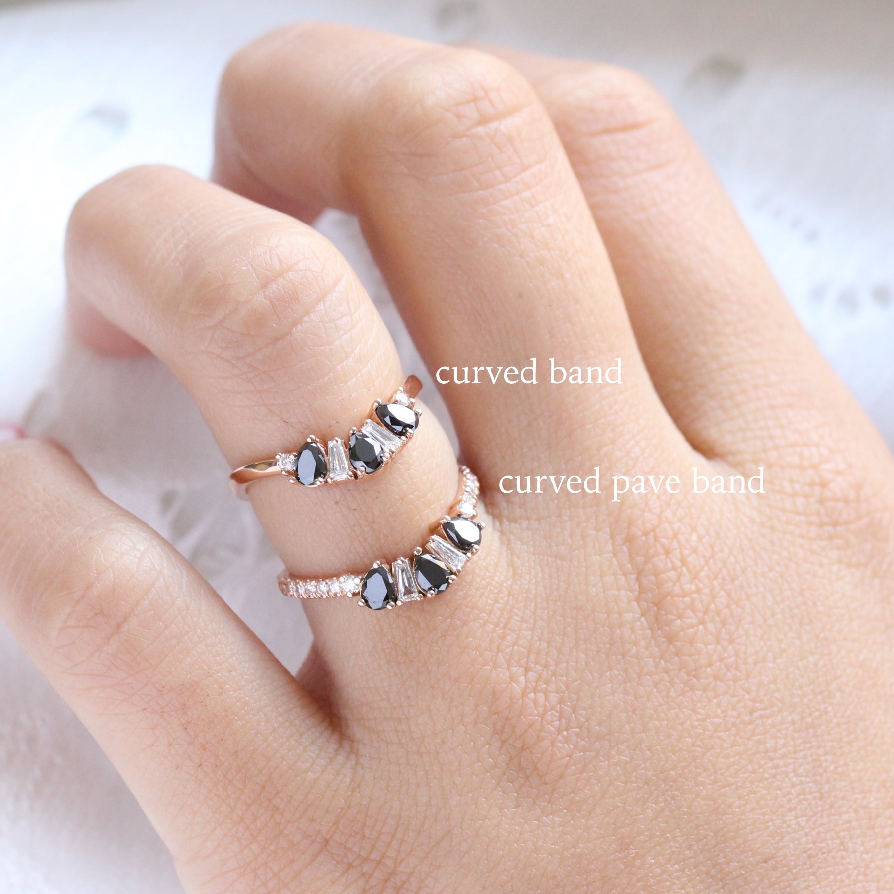 pear and baguette diamond ring rose gold curved wedding band by la more design jewelry