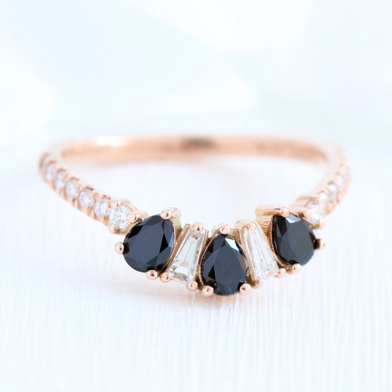 pear and baguette diamond ring rose gold curved wedding band by la more design jewelry