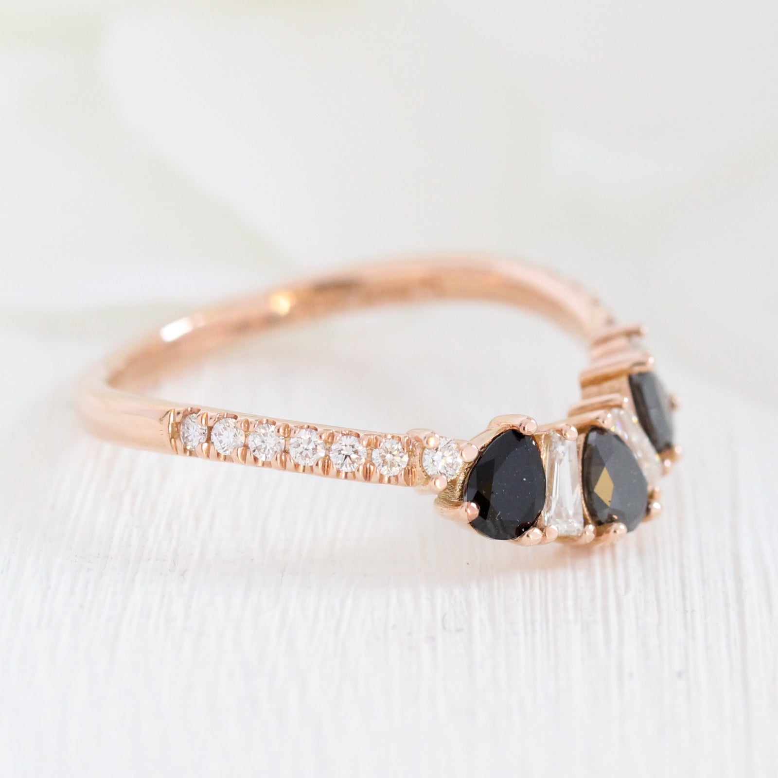 pear and baguette diamond ring rose gold curved wedding band by la more design jewelry