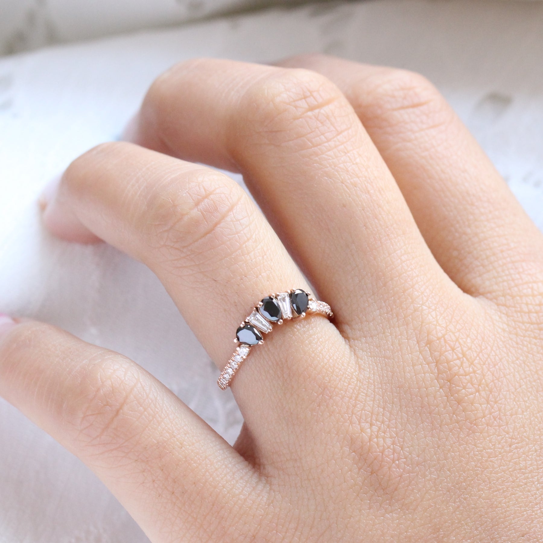 pear and baguette diamond ring rose gold curved wedding band by la more design jewelry