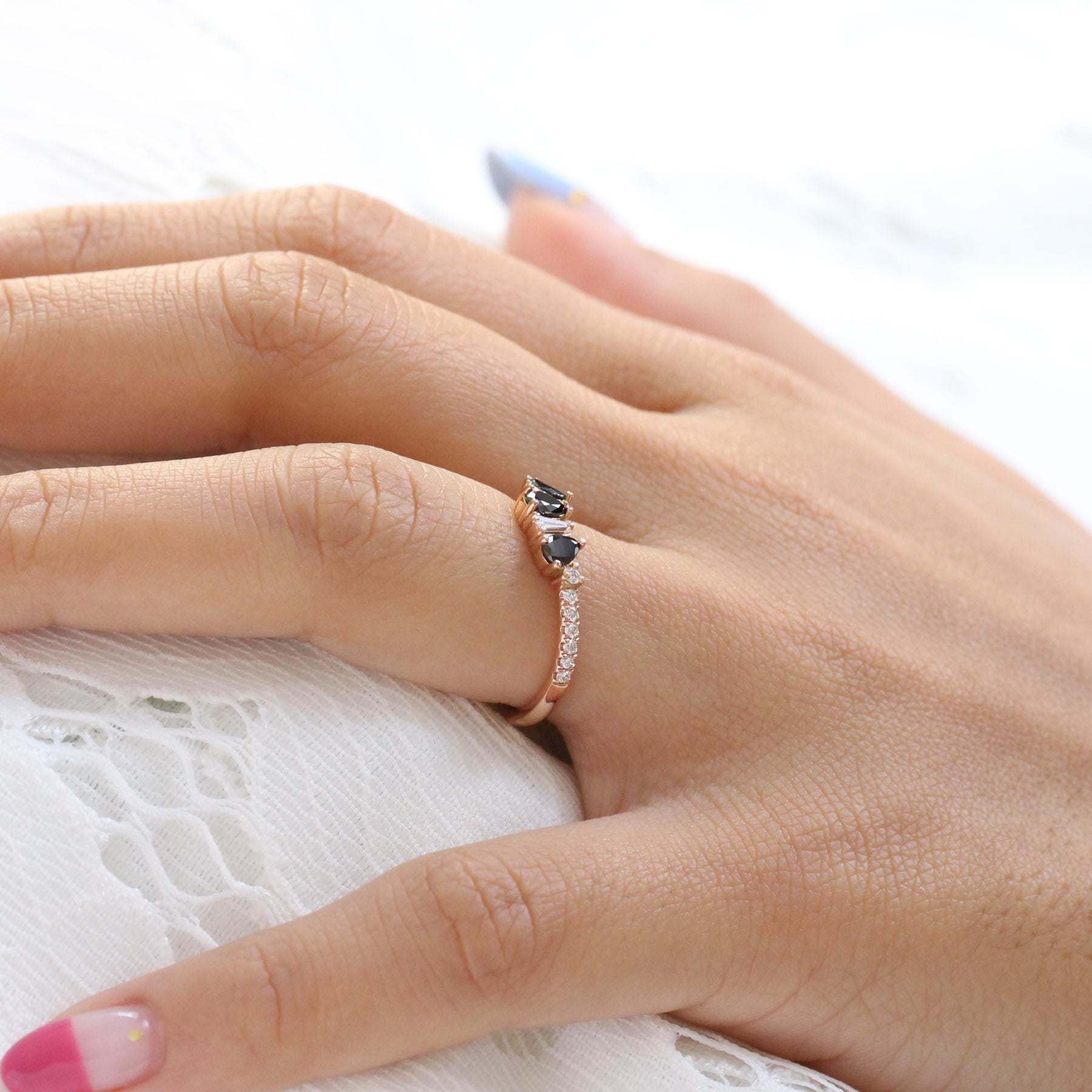 pear and baguette diamond ring rose gold curved wedding band by la more design jewelry