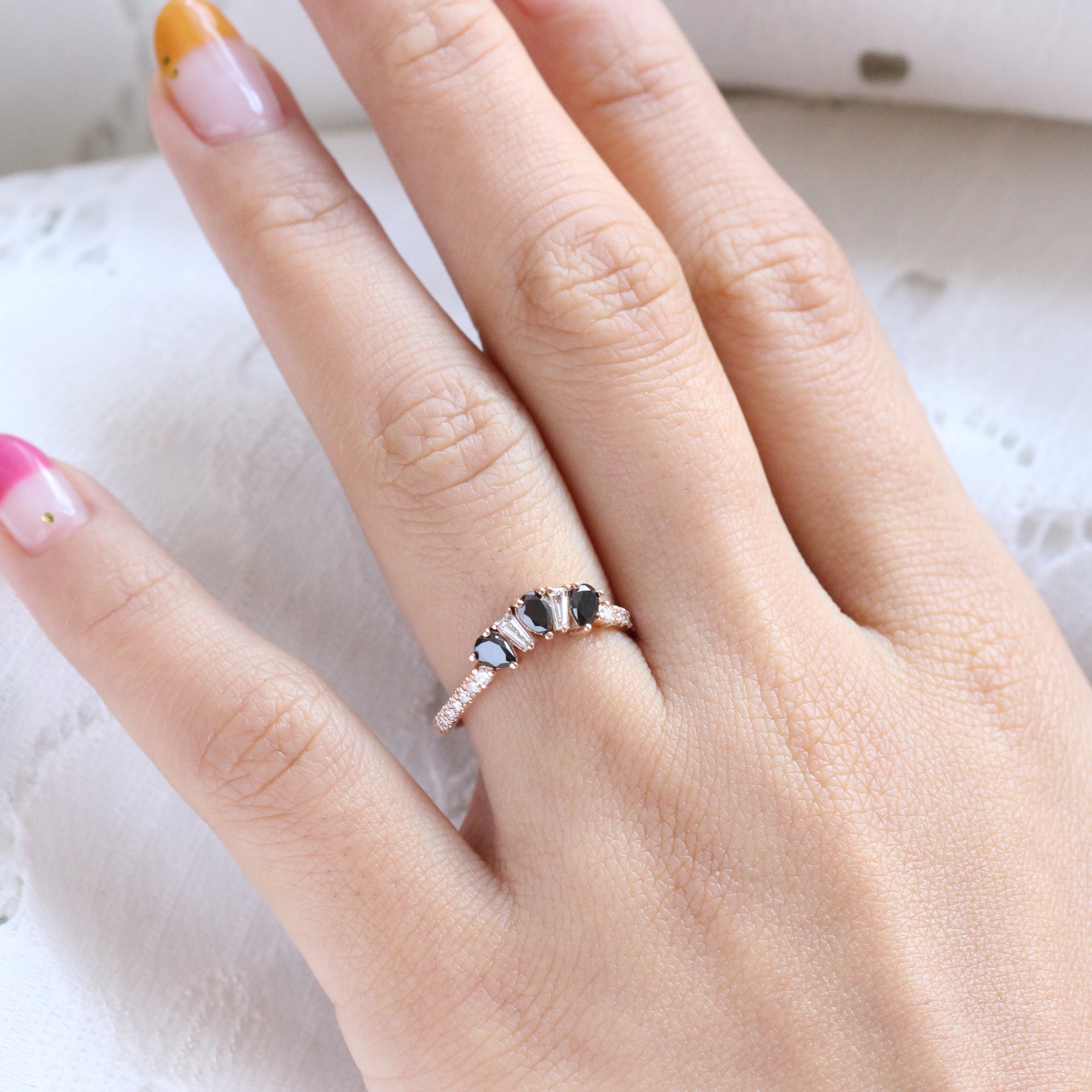 pear and baguette diamond ring rose gold curved wedding band by la more design jewelry
