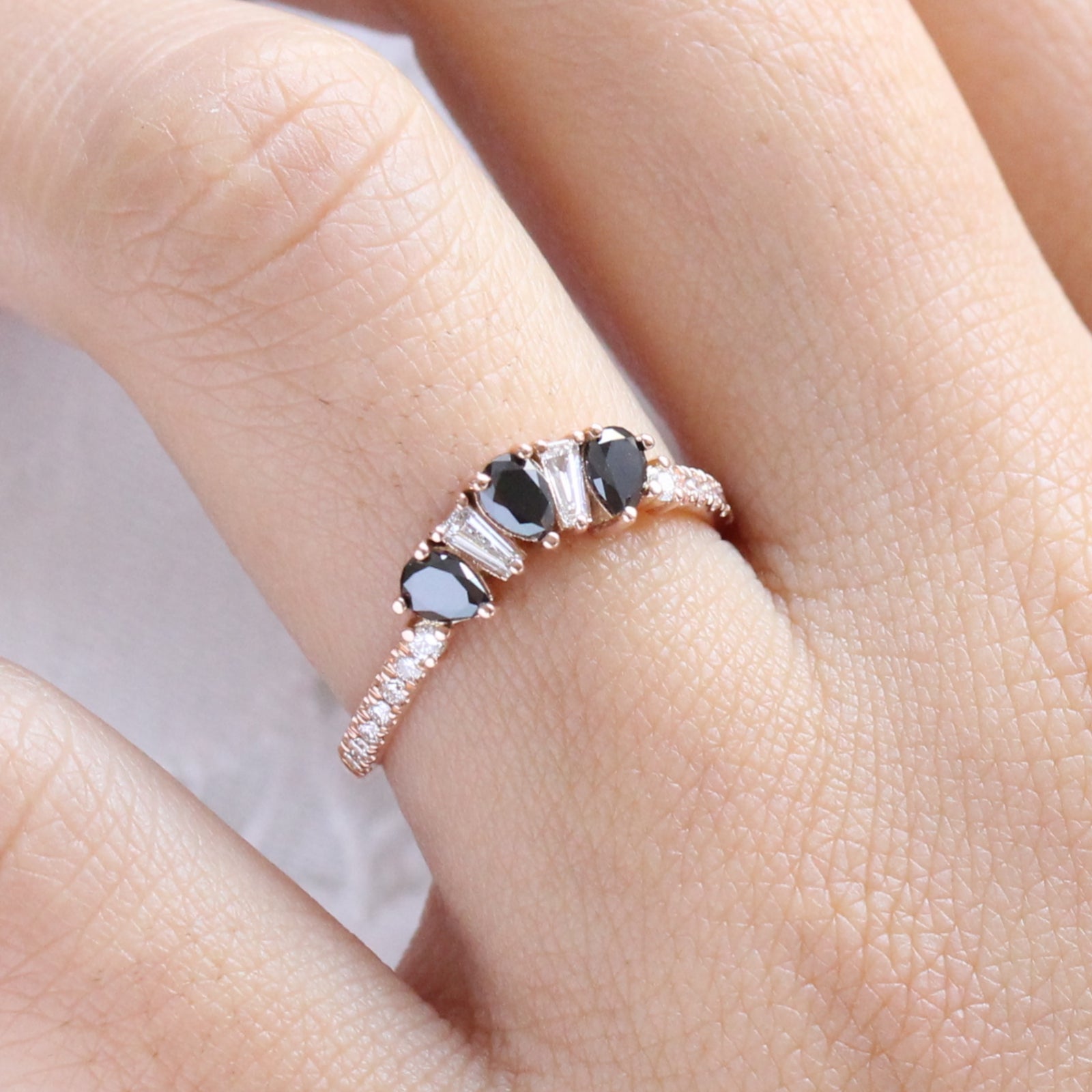 pear and baguette diamond ring rose gold curved wedding band by la more design jewelry