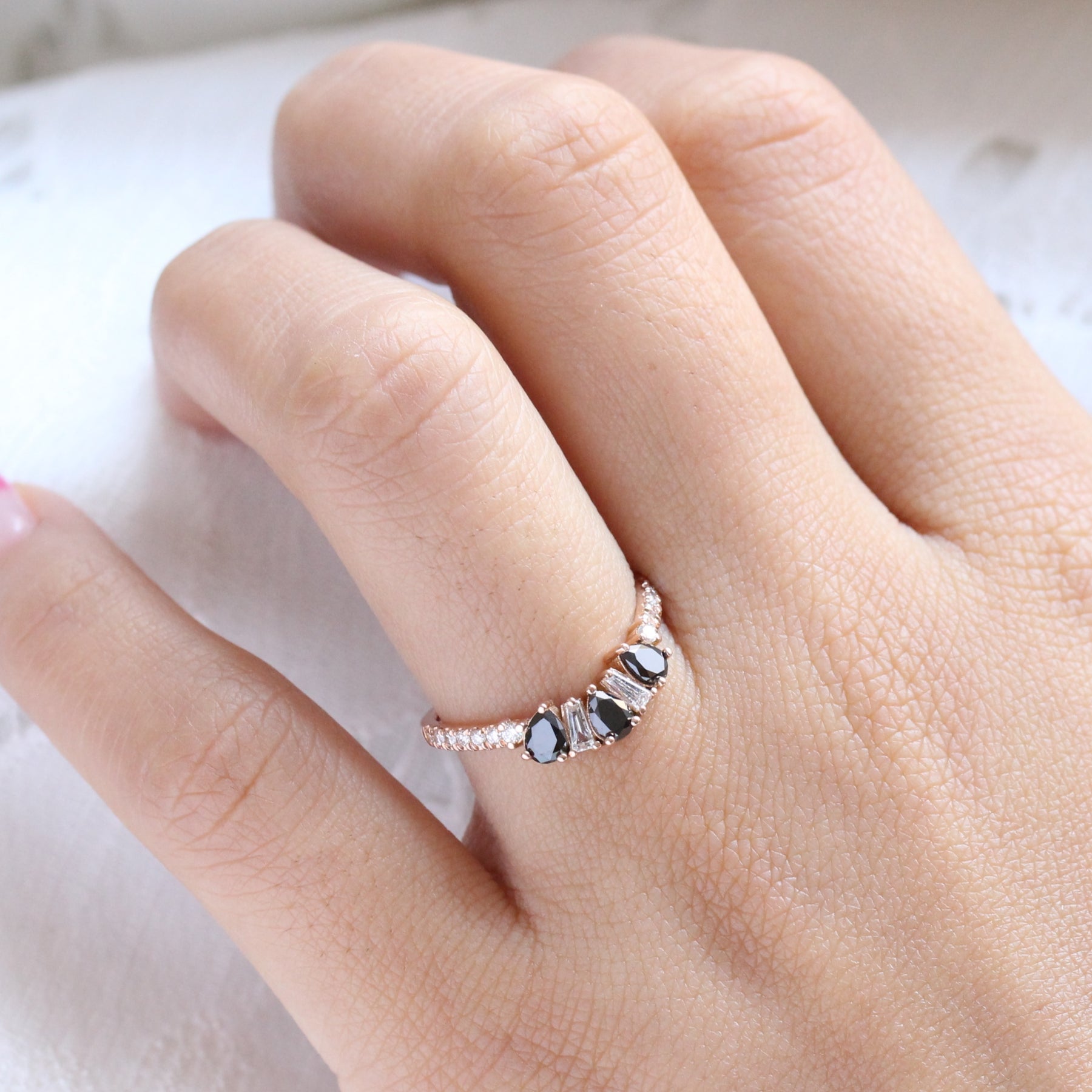 pear and baguette diamond ring rose gold curved wedding band by la more design jewelry
