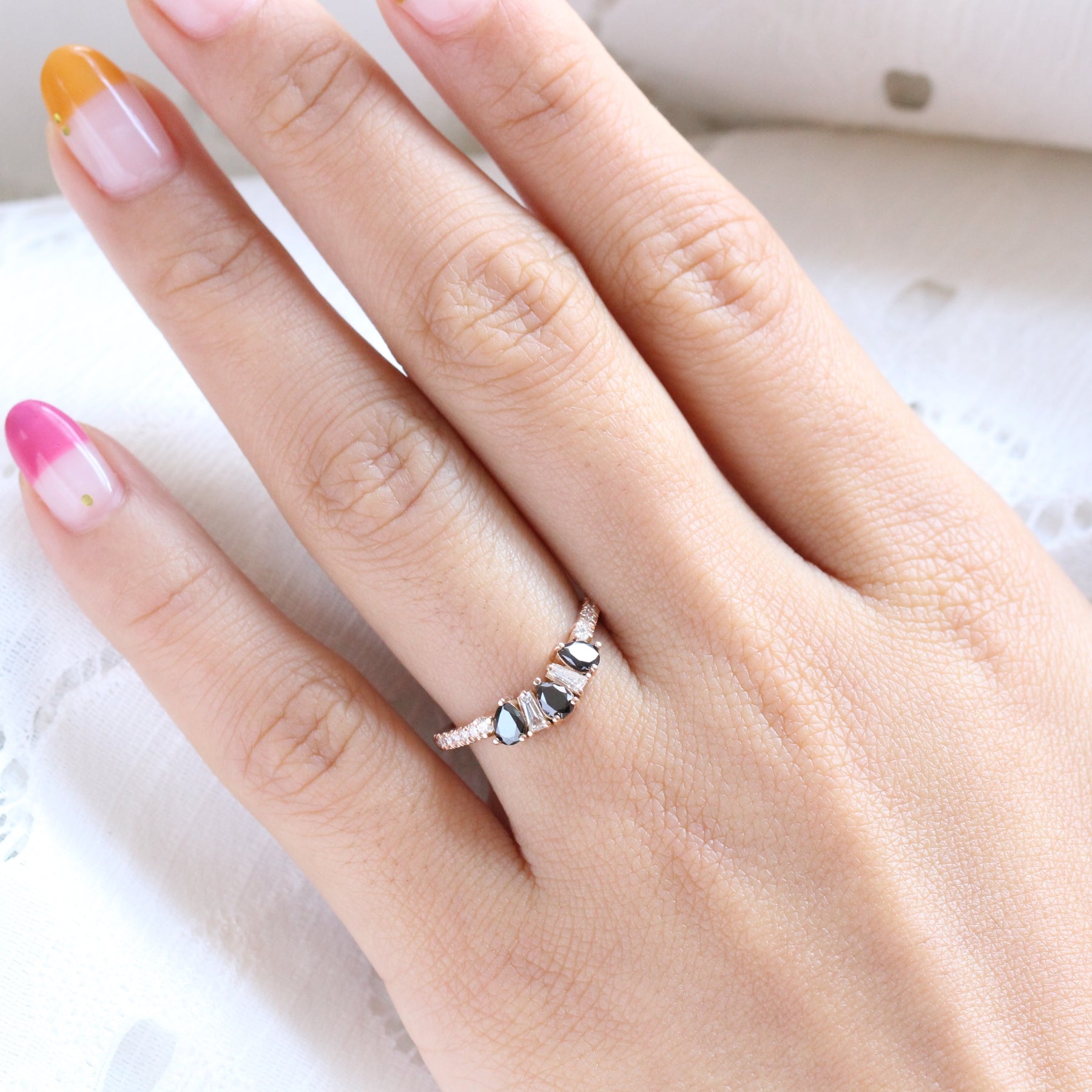 pear and baguette diamond ring rose gold curved wedding band by la more design jewelry