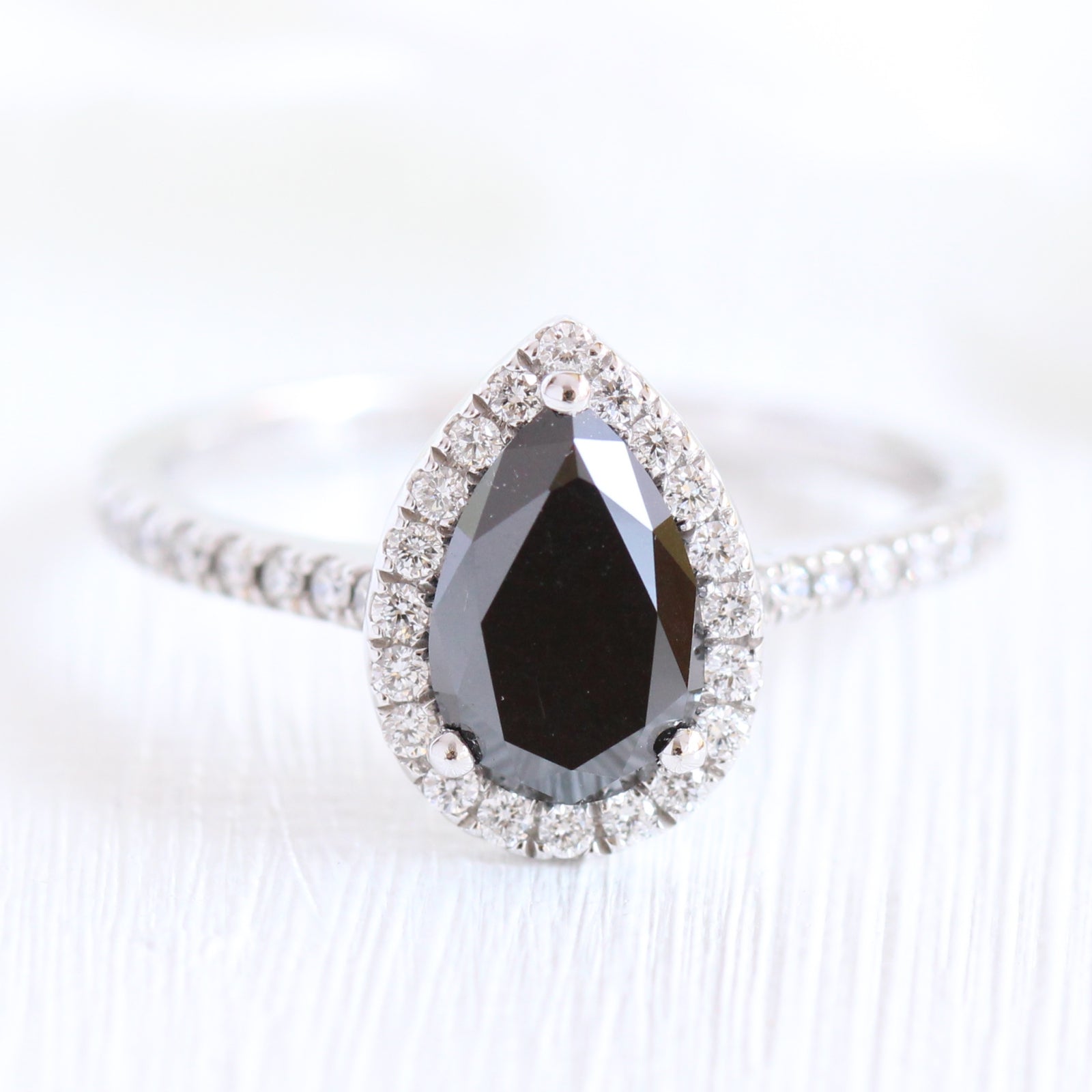pear black diamond engagement ring in white gold halo diamond ring by la more design jewelry