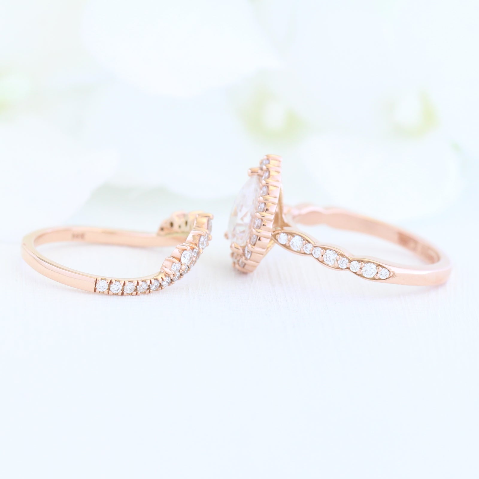 pear moissanite ring crown diamond wedding band bridal set in rose gold by la more design
