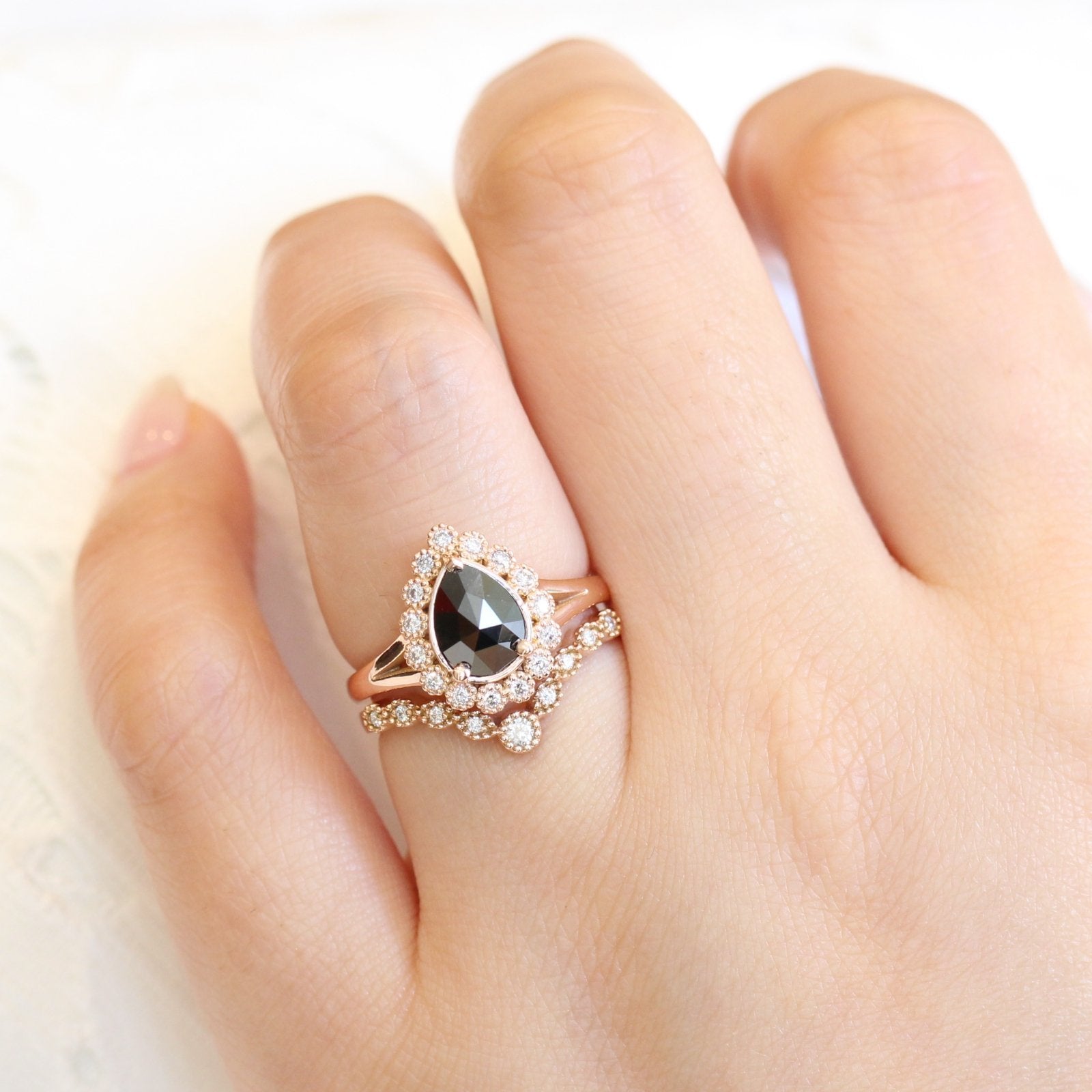 Natural black diamond ring rose gold stacking ring set la more design jewelry