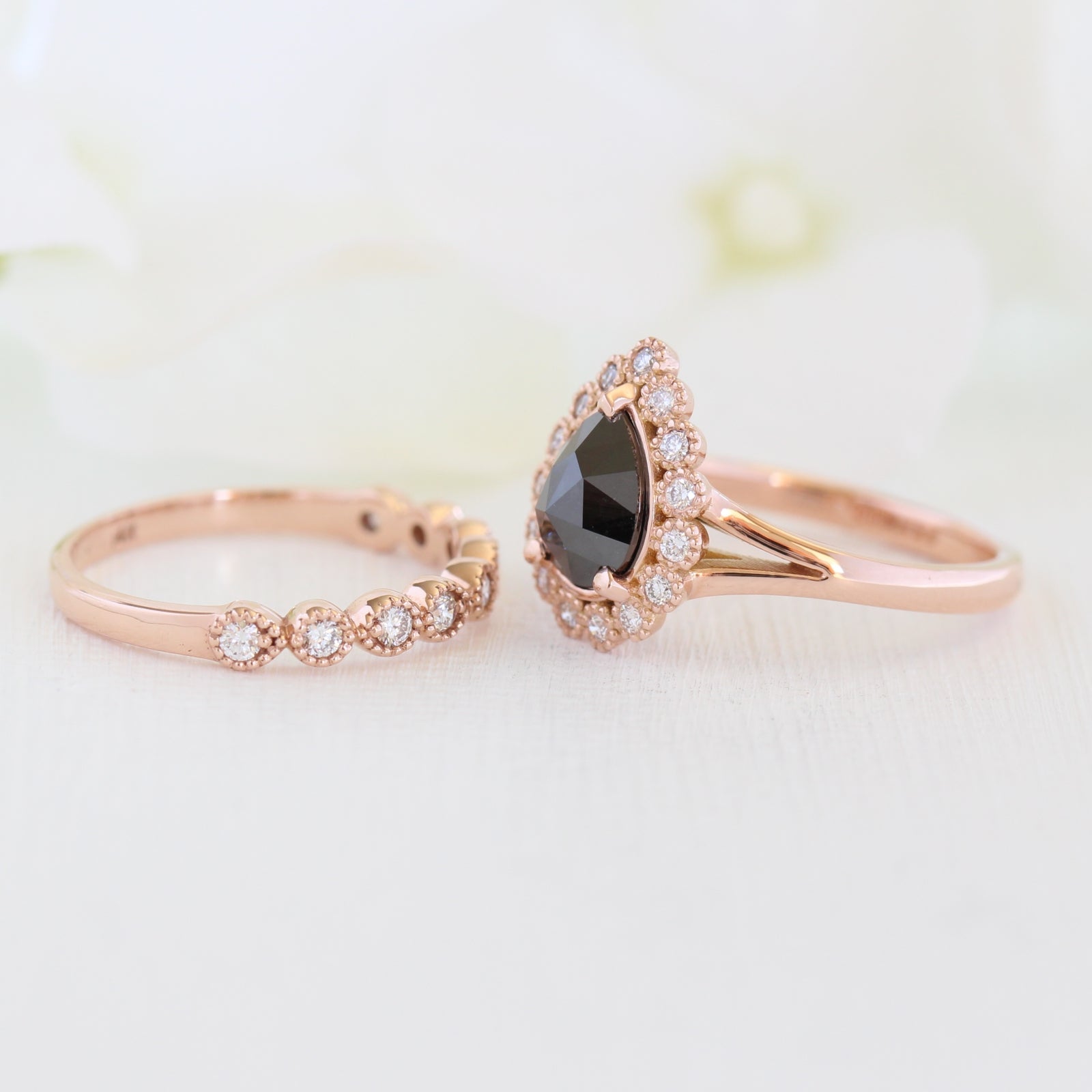 pear rose cut black diamond ring rose gold and vintage style diamond wedding ring set by la more design