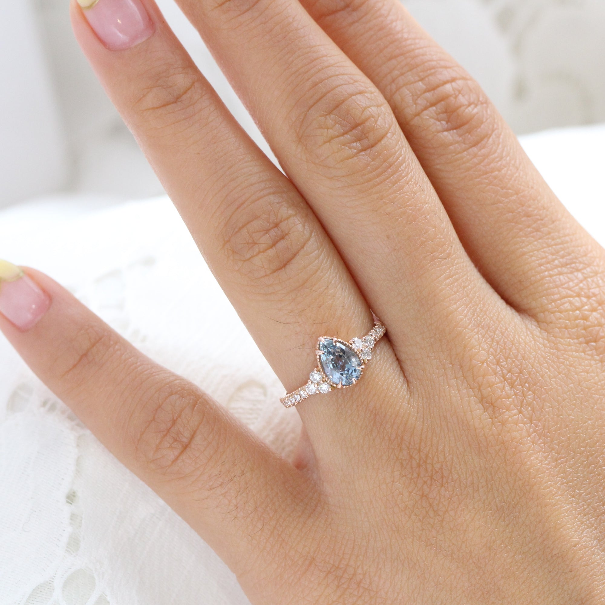 pear aqua blue sapphire ring rose gold 3 stone engagement ring la more design jewelry