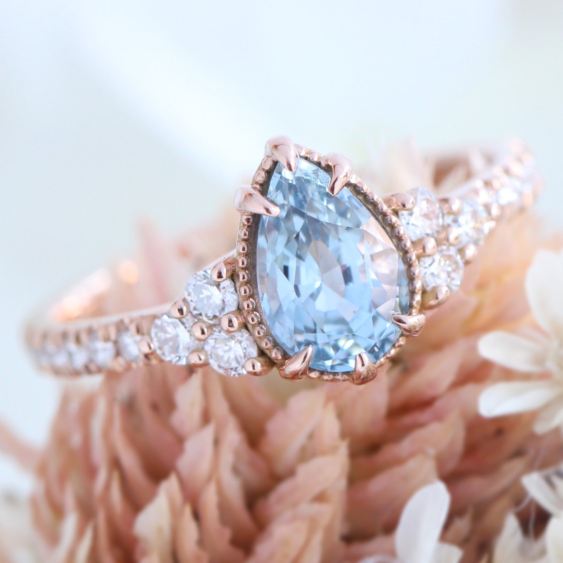pear aqua blue sapphire ring rose gold 3 stone engagement ring la more design jewelry