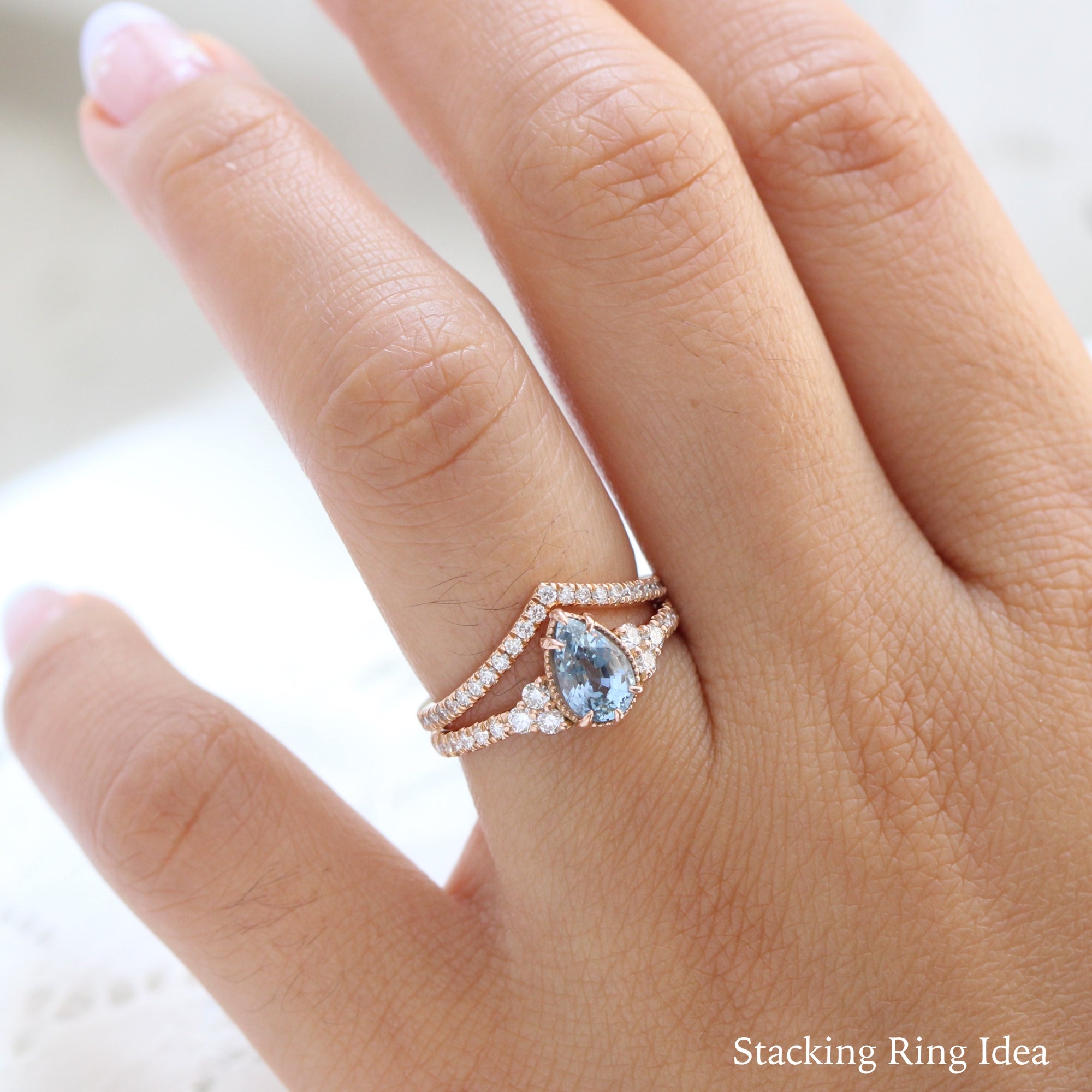 pear aqua blue sapphire ring rose gold 3 stone engagement ring la more design jewelry