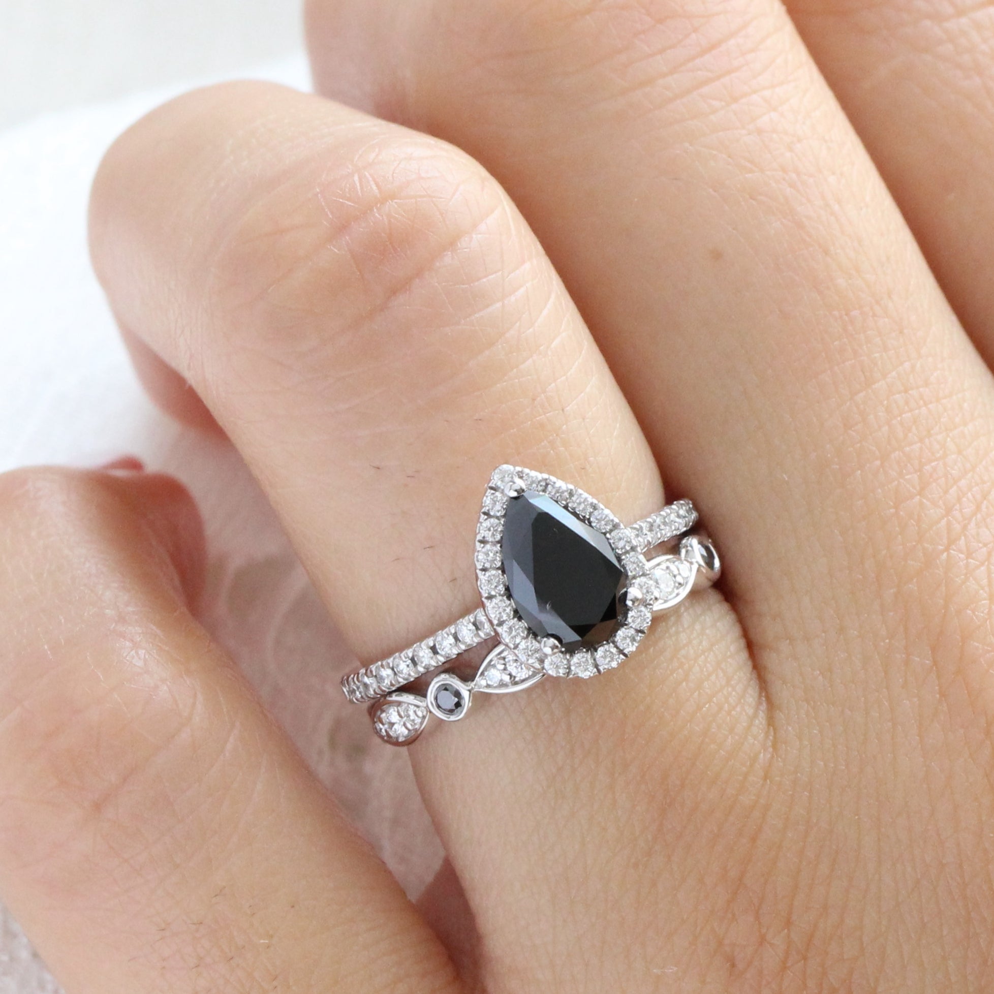 pear black diamond engagement ring in white gold halo diamond ring bridal set by la more design jewelry