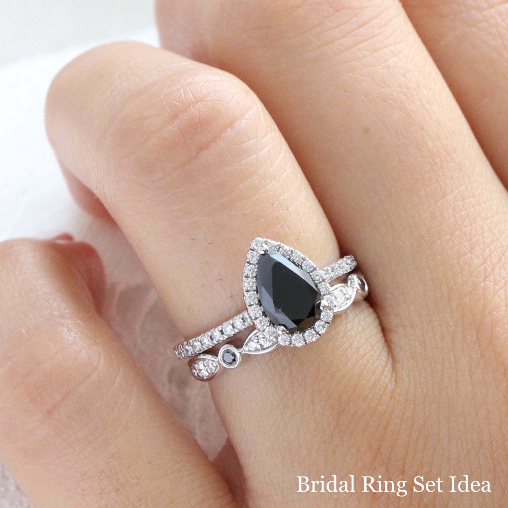 pear black diamond engagement ring in white gold halo diamond ring bridal set by la more design jewelry