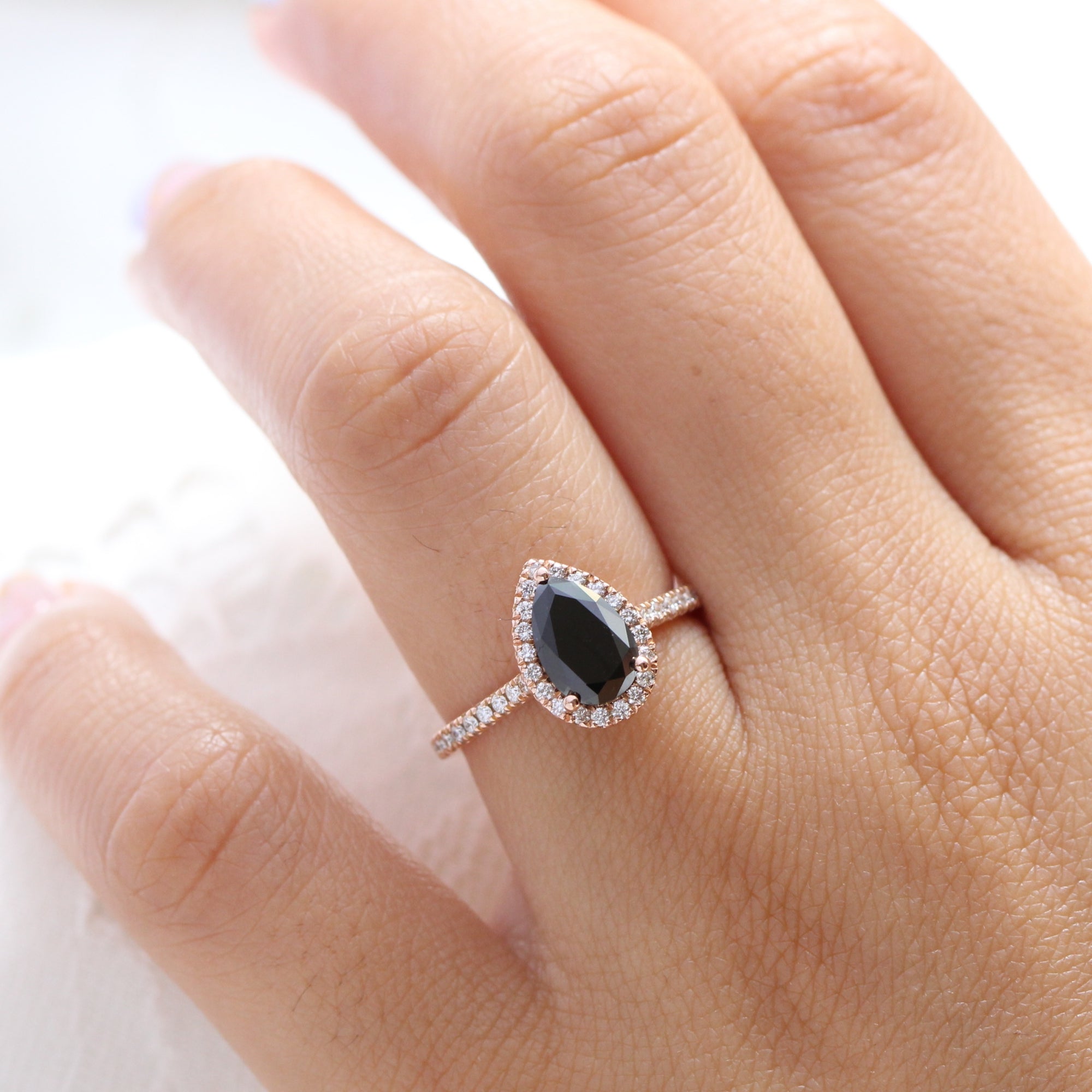 pear black diamond engagement ring rose gold halo diamond ring by la more design jewelry
