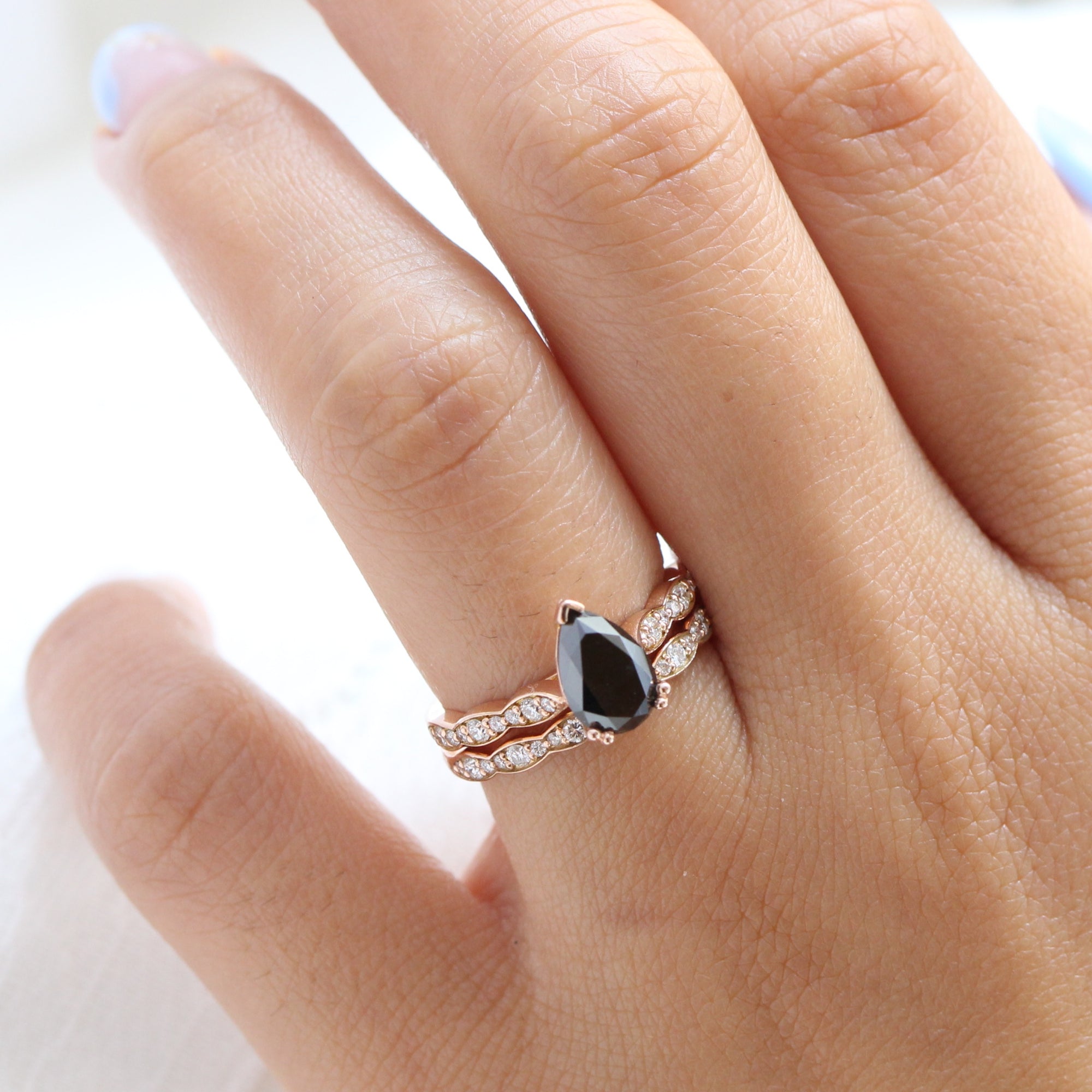 pear black diamond engagement ring rose gold matching diamond wedding band bridal ring set la more design jewelry