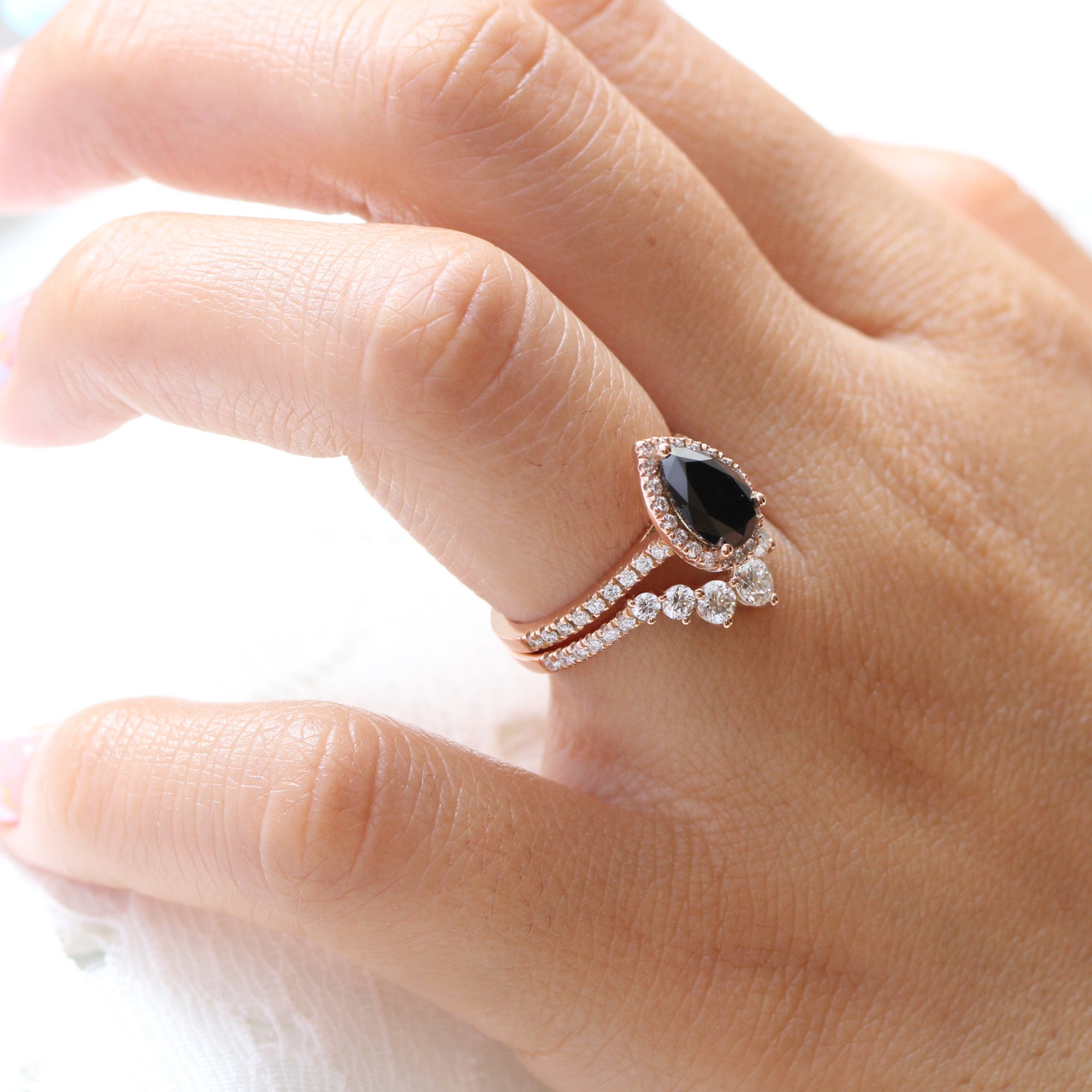 pear black diamond ring rose gold curved diamond wedding band stacking rings la more design jewelry