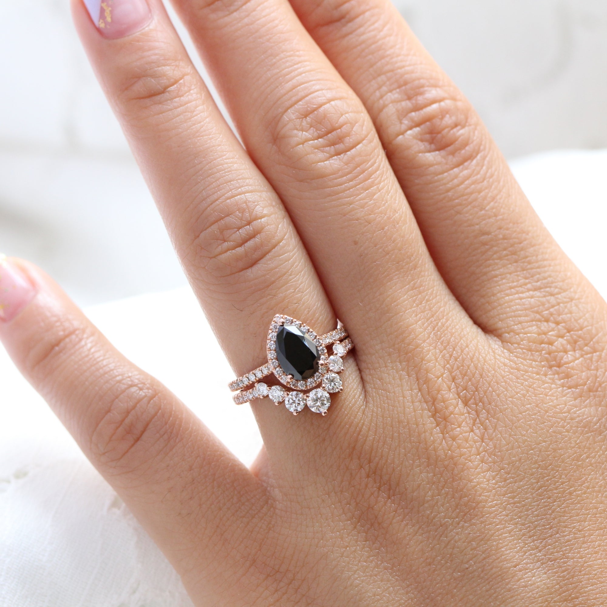 pear black diamond ring rose gold curved diamond wedding band stacking rings la more design jewelry