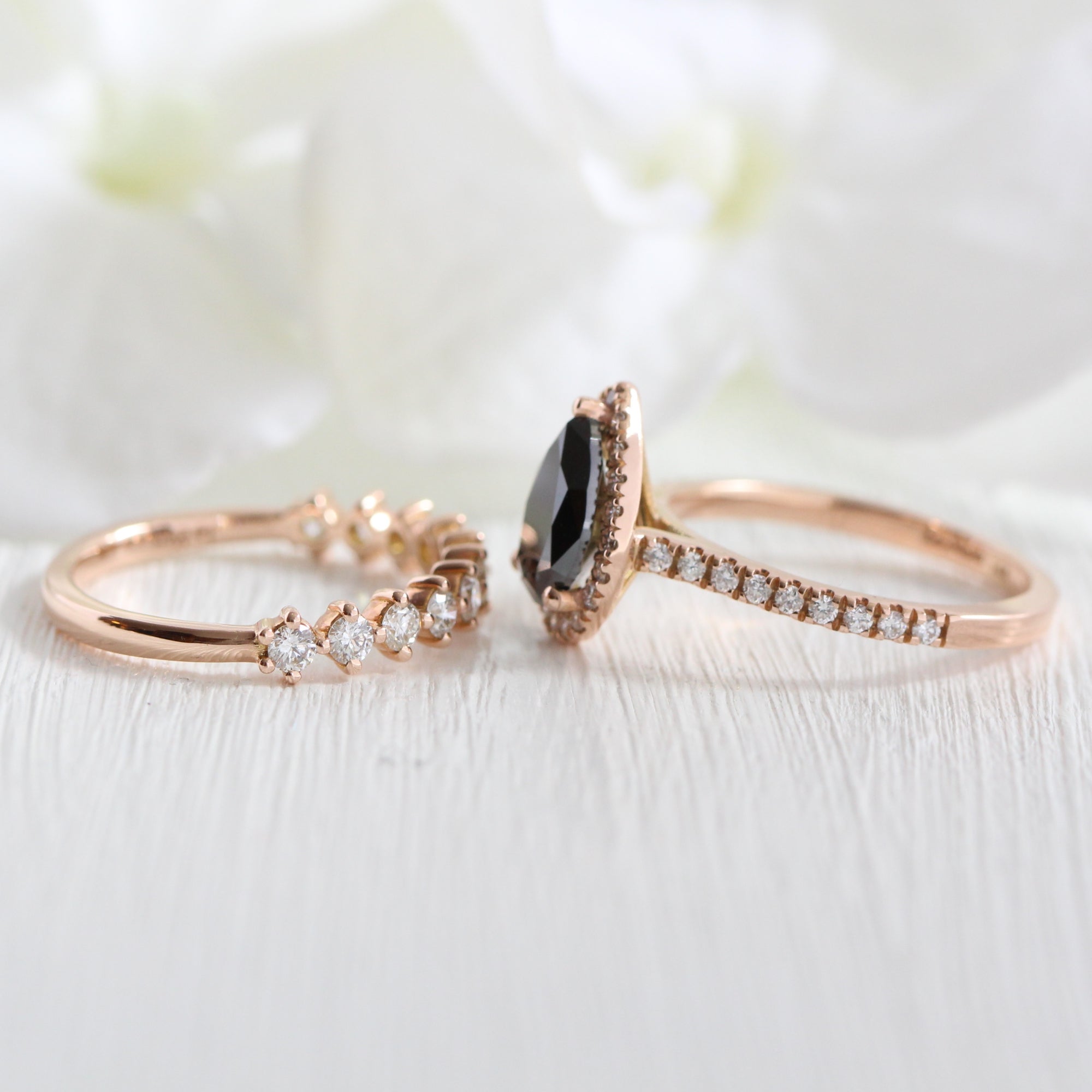 pear black diamond ring rose gold matching diamond wedding band stacking rings la more design jewelry