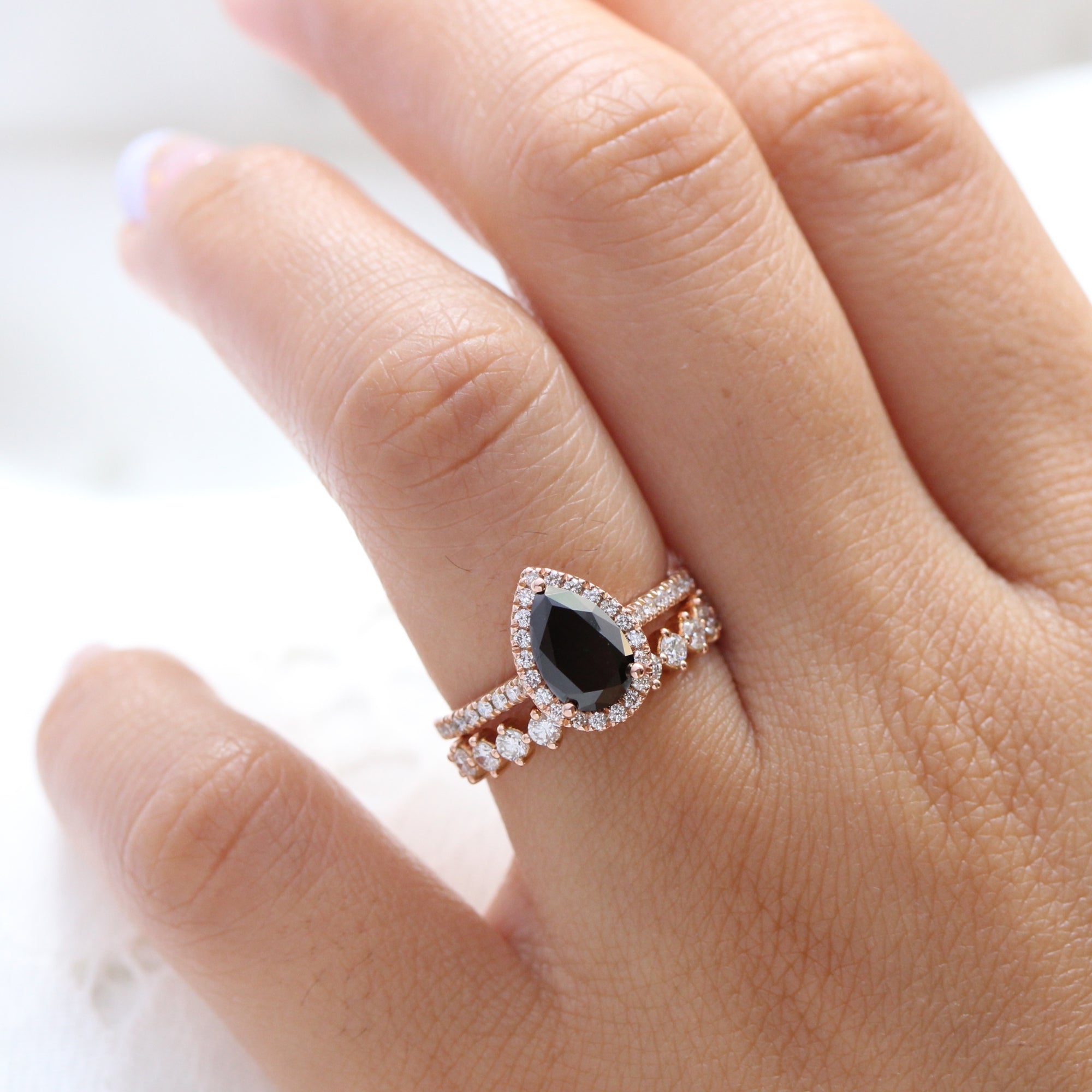 pear black diamond ring rose gold matching diamond wedding band stacking rings la more design jewelry