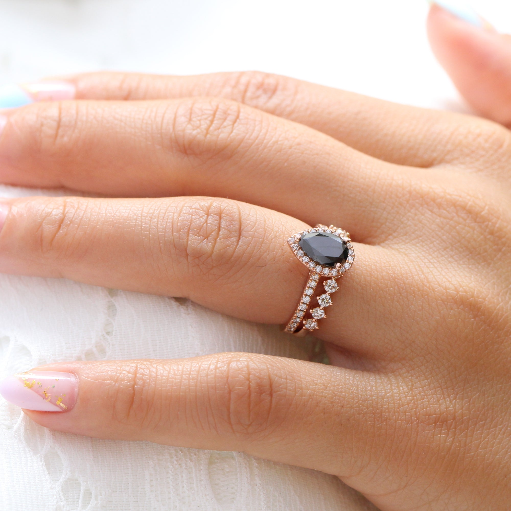 pear black diamond ring rose gold matching diamond wedding band stacking rings la more design jewelry