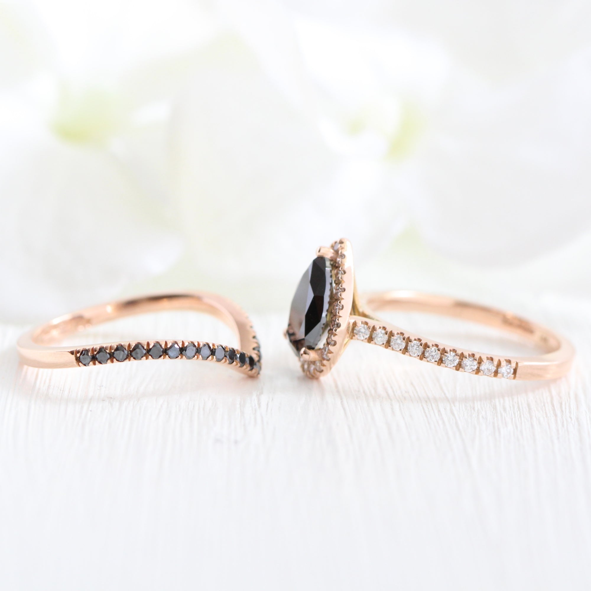 pear black diamond ring rose gold v shaped diamond wedding band stacking rings la more design jewelry