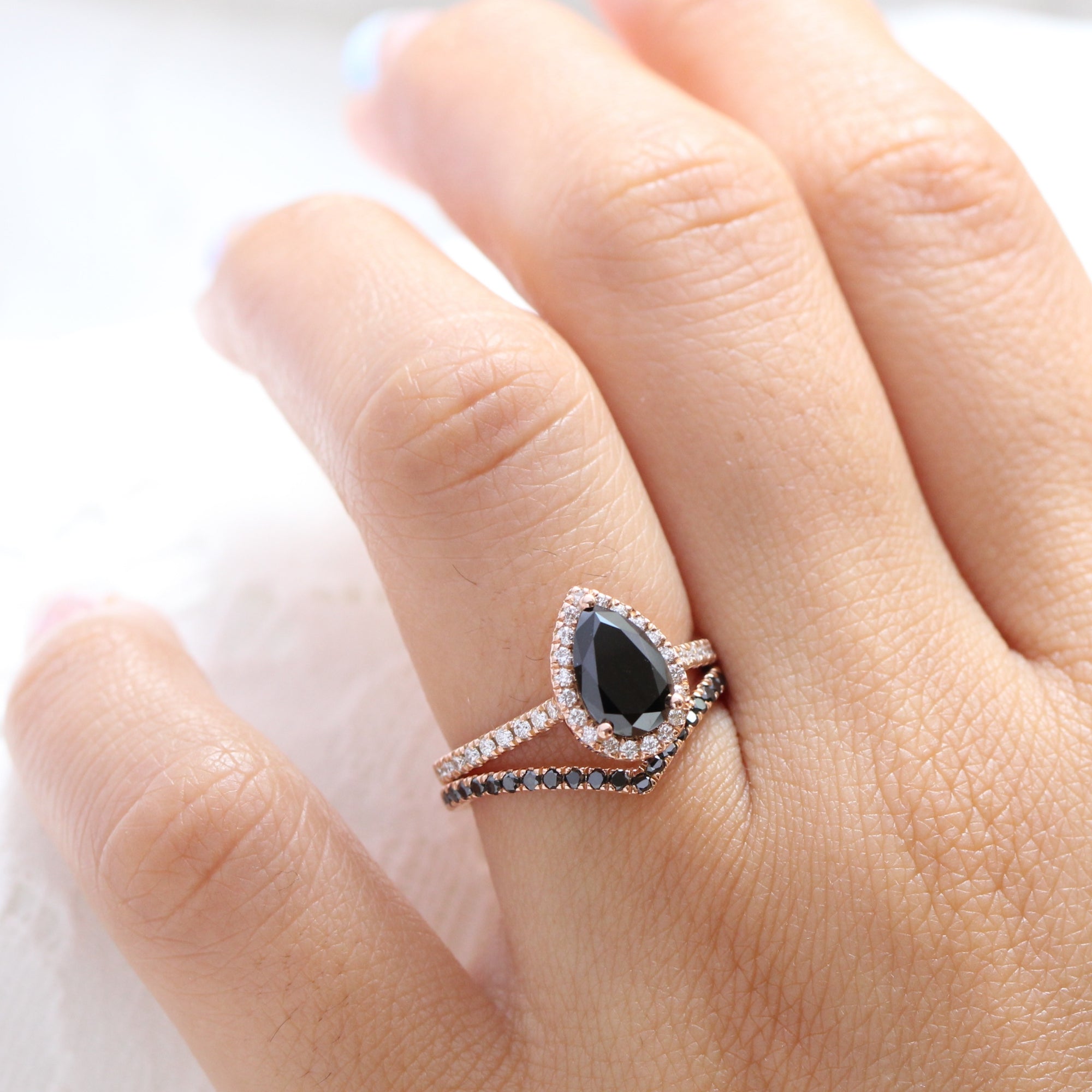 pear black diamond ring rose gold v shaped diamond wedding band stacking rings la more design jewelry