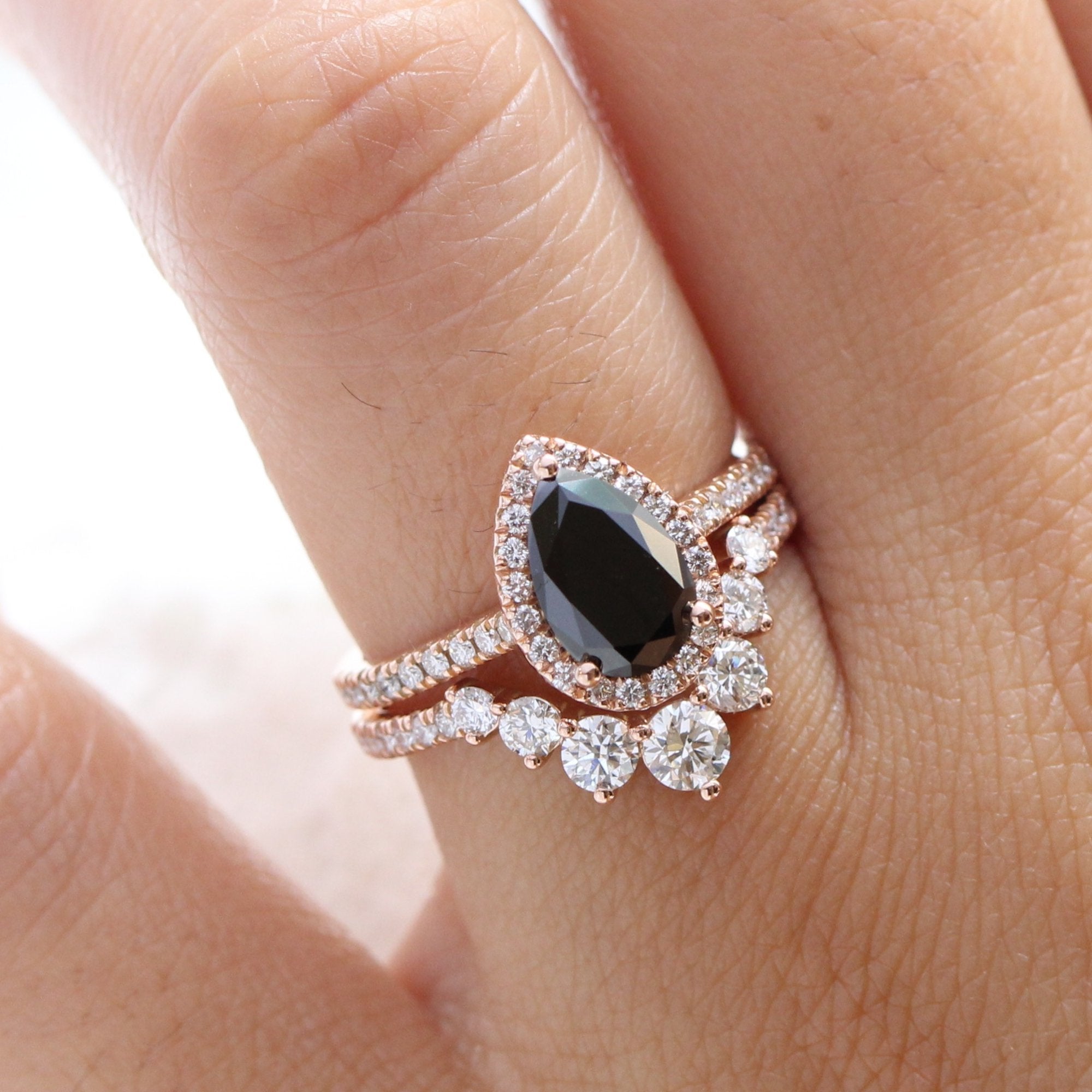 pear black diamond ring rose gold v shaped diamond wedding band stacking rings la more design jewelry