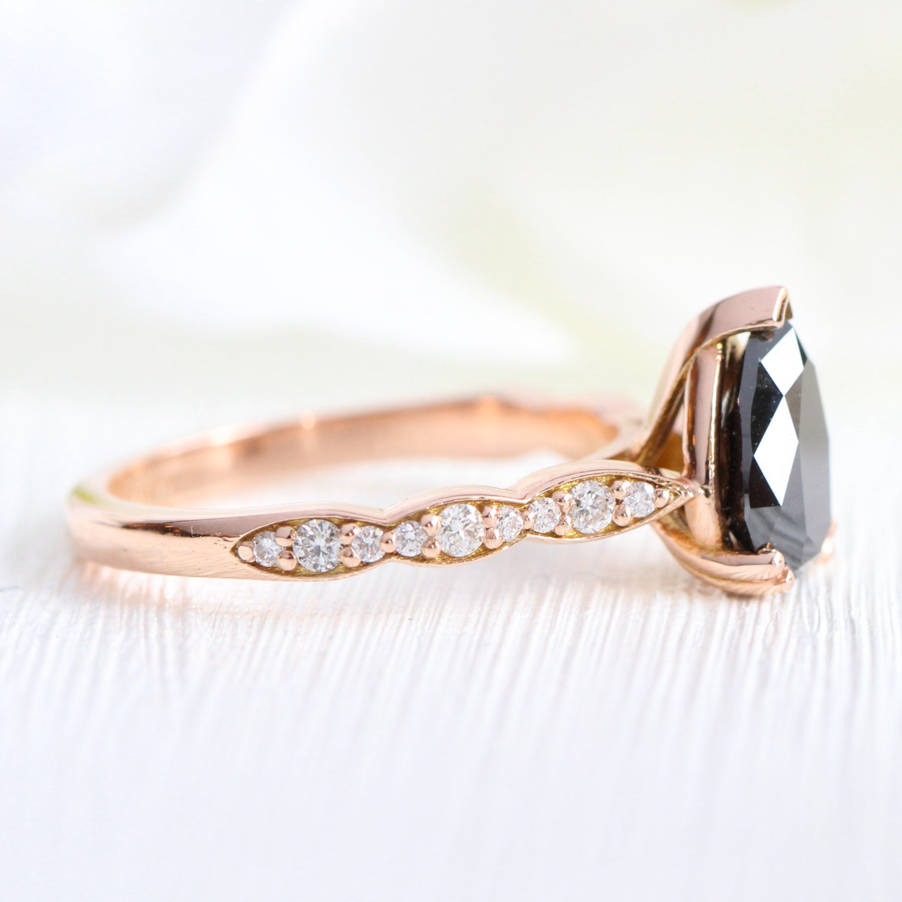 pear black diamond solitaire engagement ring in rose gold low profile ring by la more design jewelry