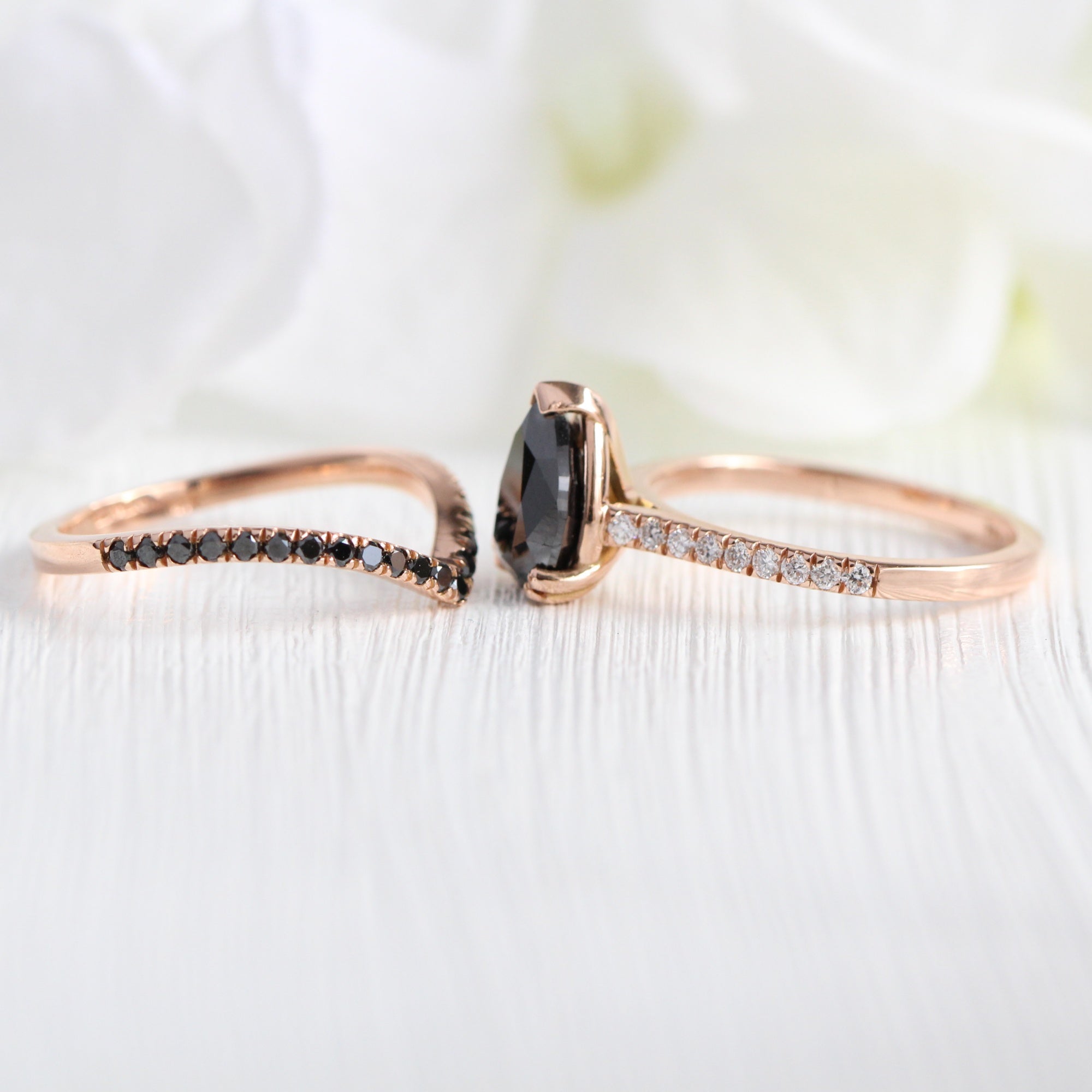 pear black diamond solitaire ring rose gold chevron diamond wedding band bridal set la more design jewelry