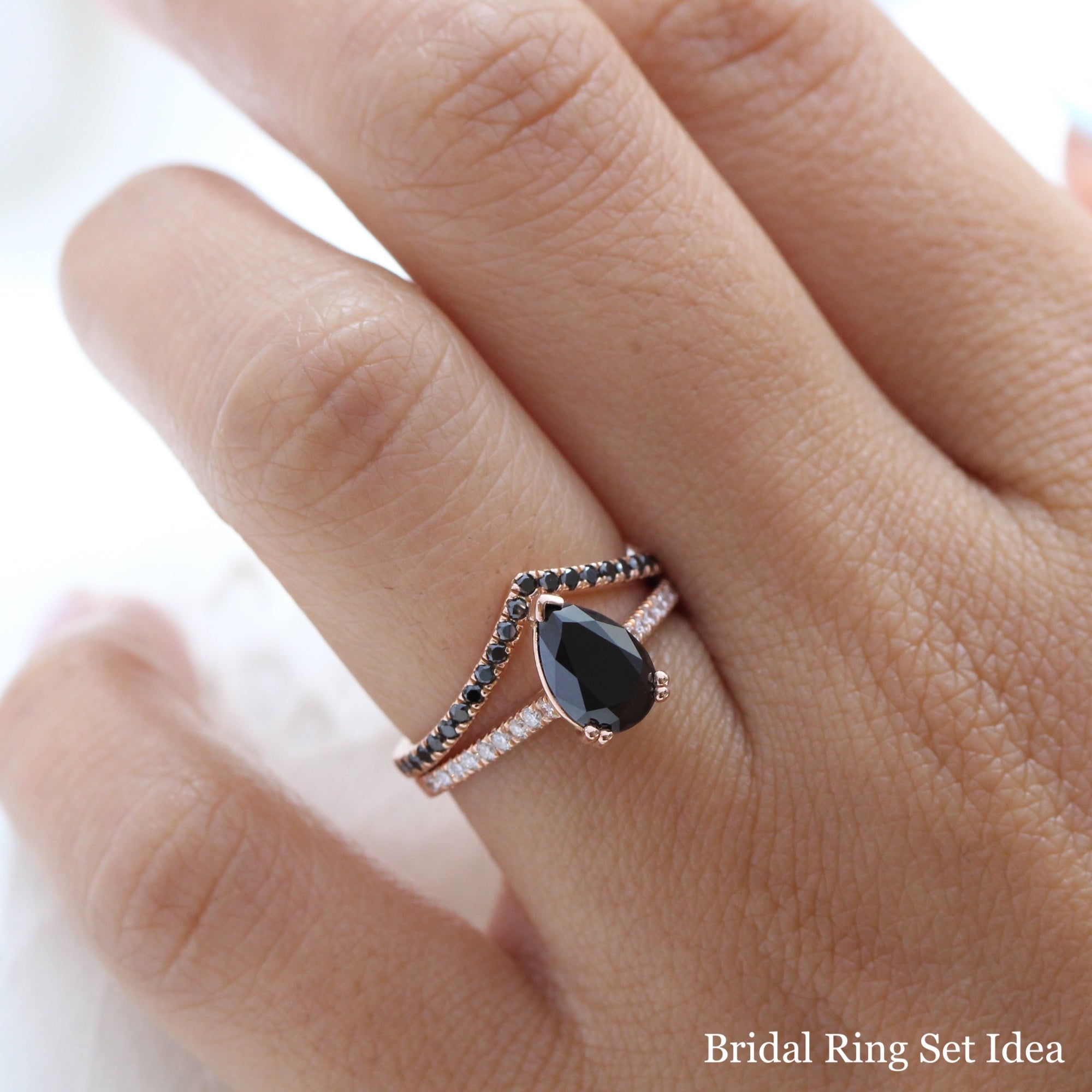 pear black diamond solitaire ring rose gold chevron diamond wedding band bridal set la more design jewelry