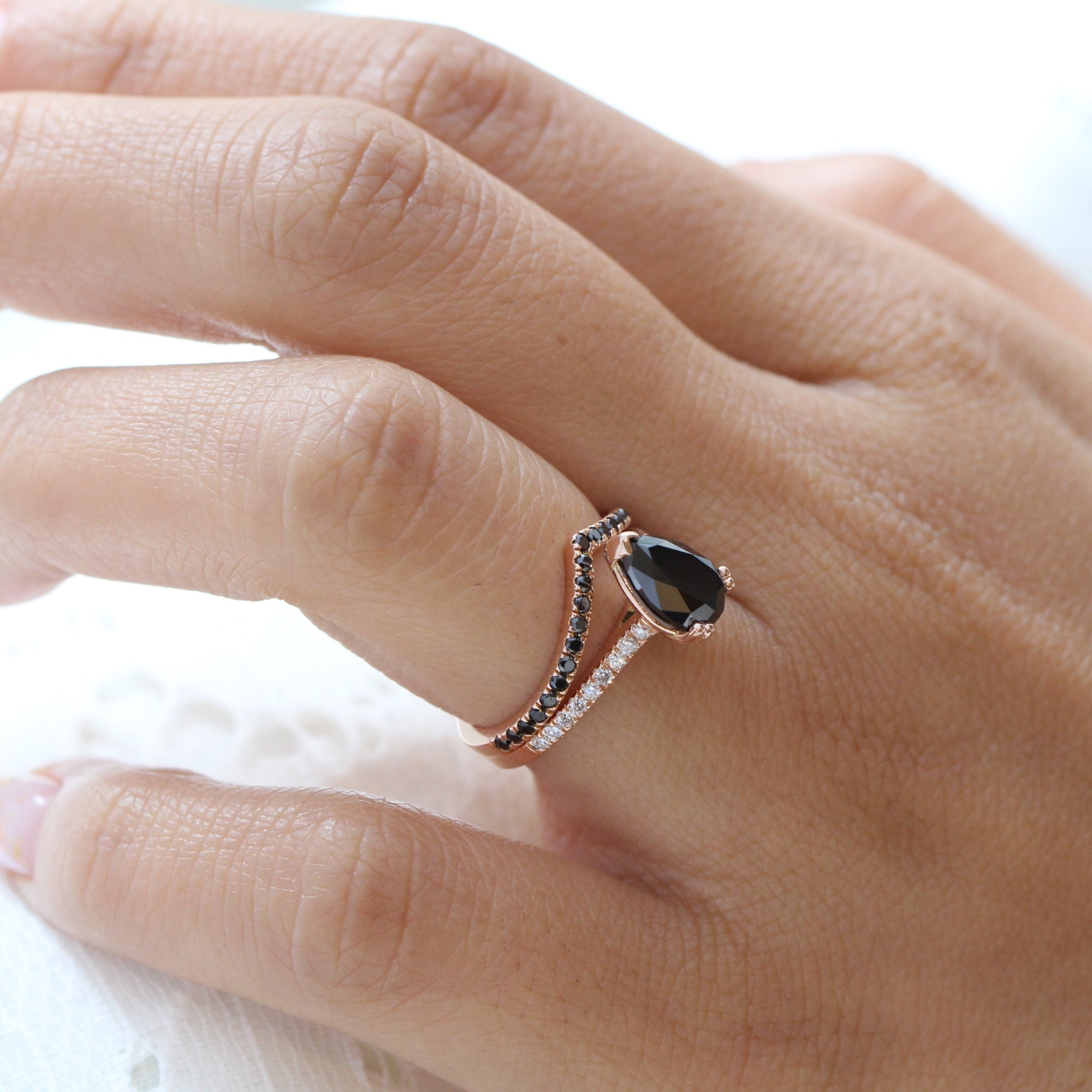 pear black diamond solitaire ring rose gold chevron diamond wedding band bridal set la more design jewelry