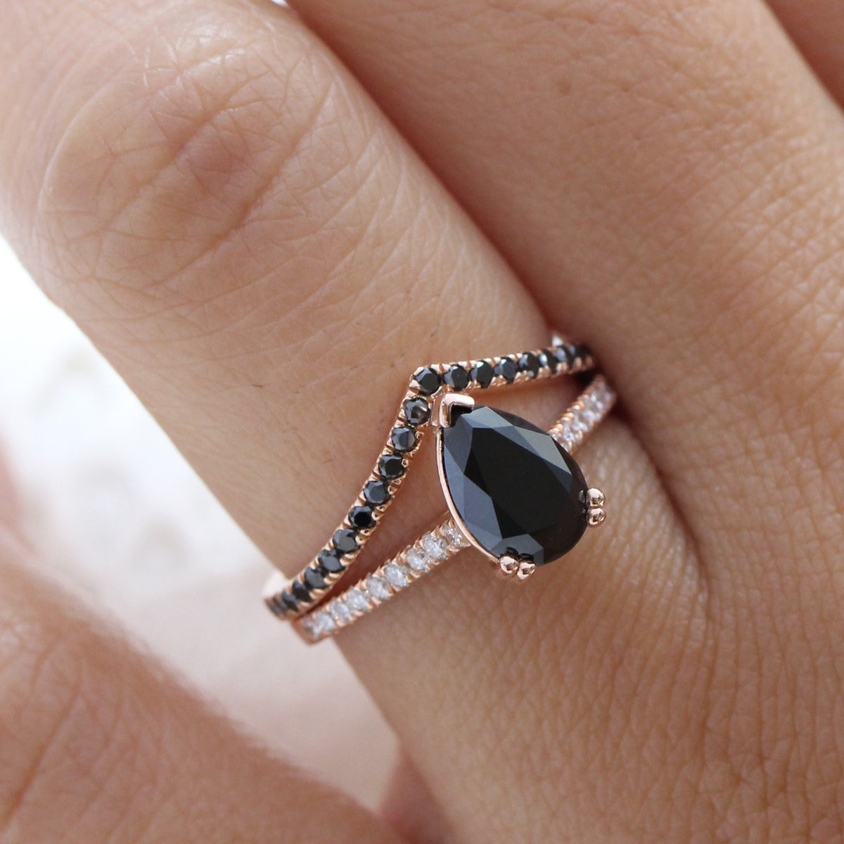 pear black diamond solitaire ring rose gold chevron diamond wedding band bridal set la more design jewelry